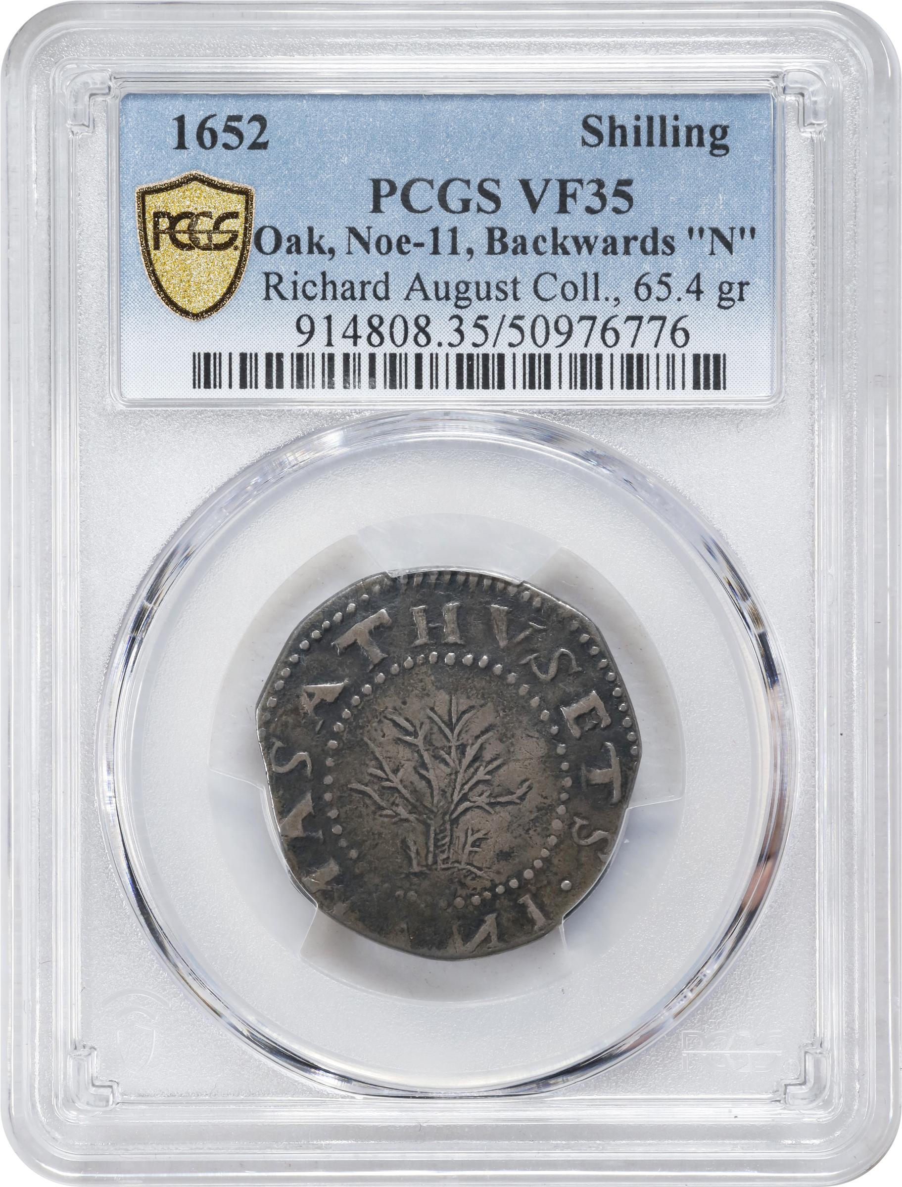 image for: 1652 Oak Tree Shilling. Noe-11, Salmon 9-Fi, W-510. Rarity-6. IN at Bottom. VF-35 (PCGS).