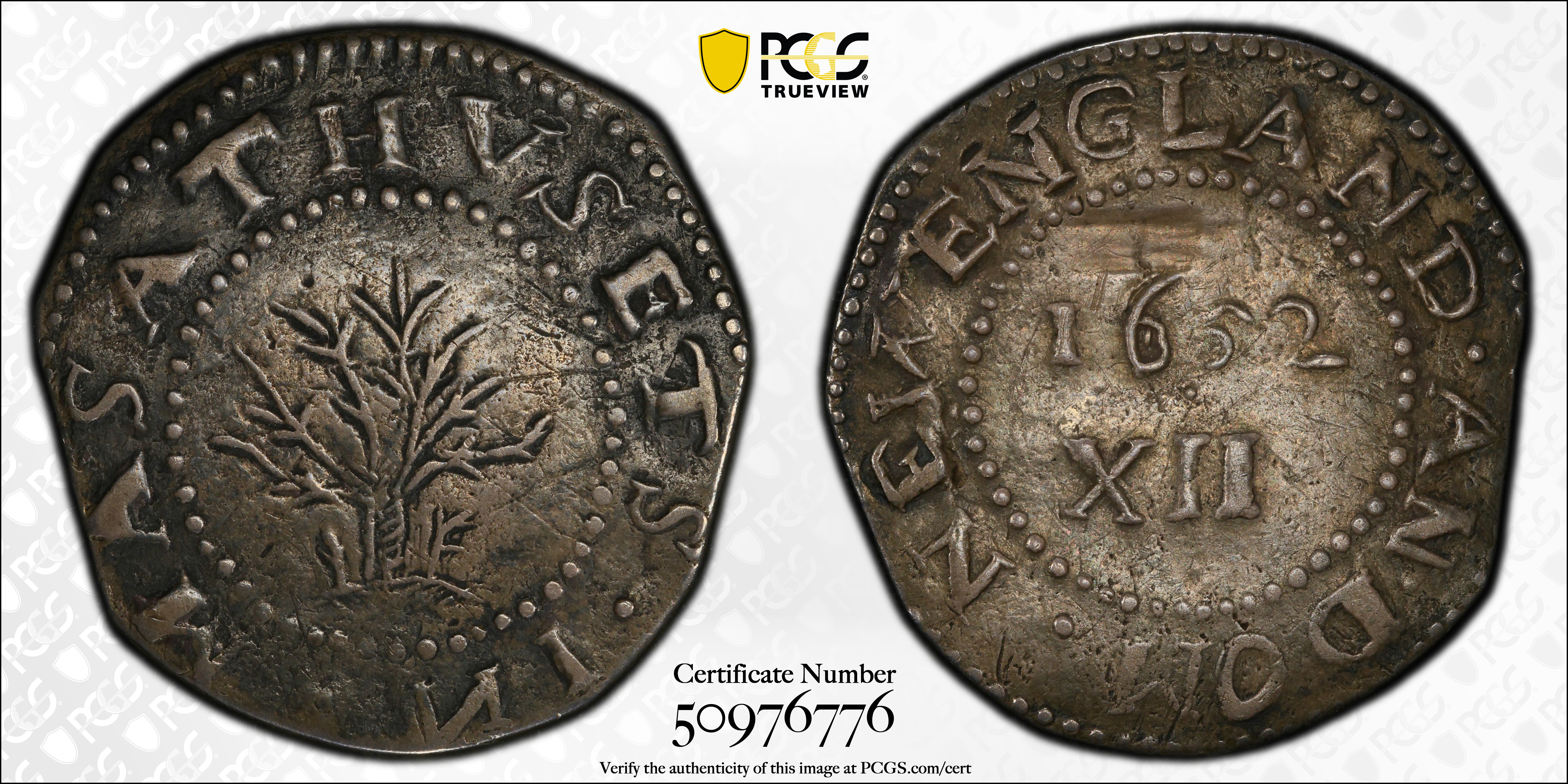 image for: 1652 Oak Tree Shilling. Noe-11, Salmon 9-Fi, W-510. Rarity-6. IN at Bottom. VF-35 (PCGS).