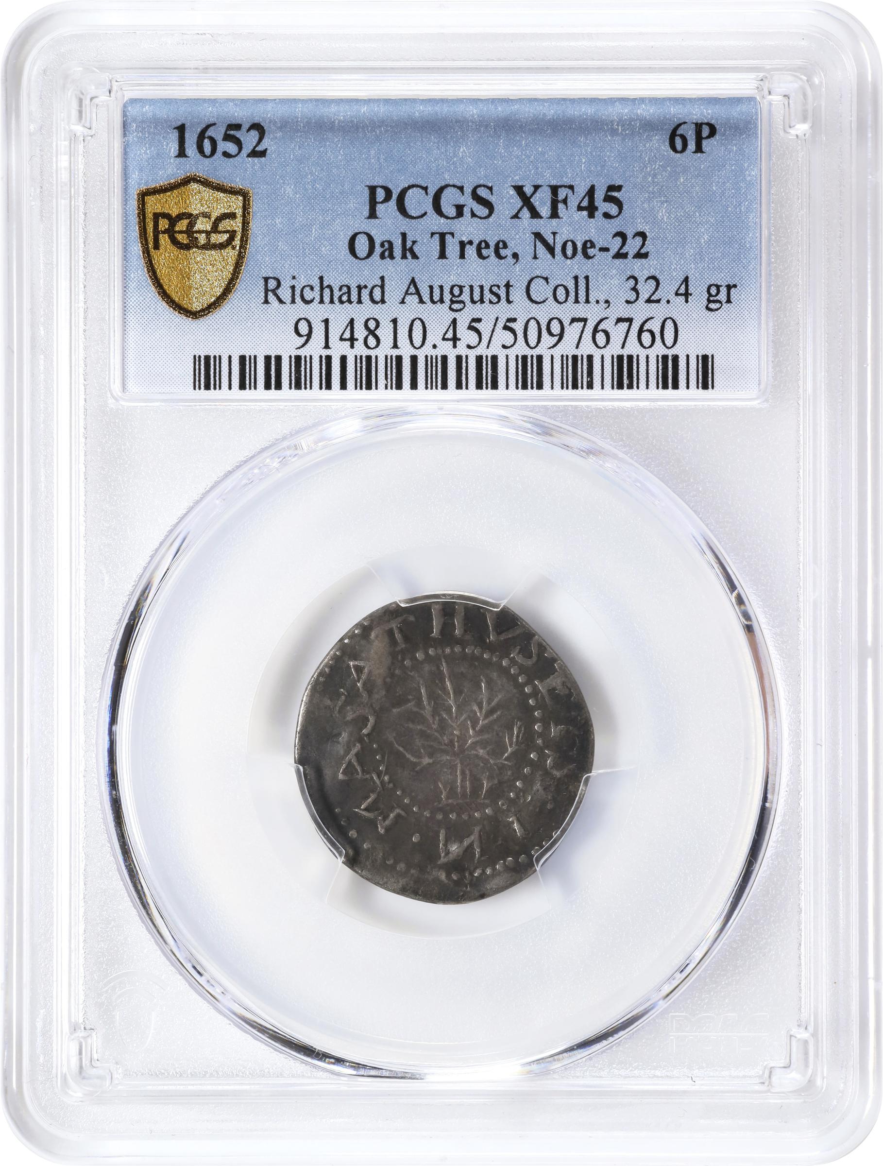 image for: 1652 Oak Tree Sixpence. Noe-22, Salmon 2b-B, W-400. Rarity-5. IN on Obverse. EF-45 (PCGS).