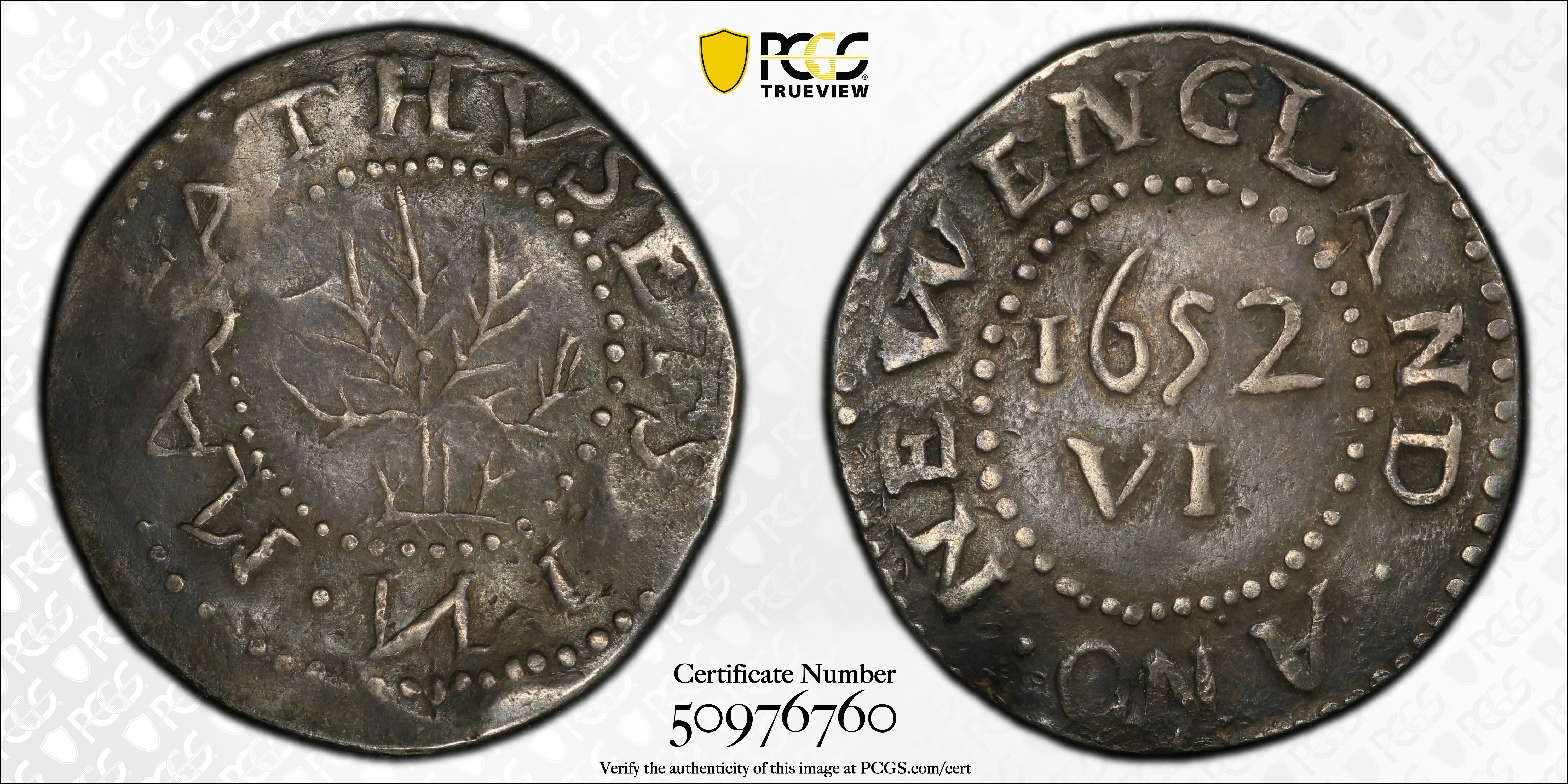 image for: 1652 Oak Tree Sixpence. Noe-22, Salmon 2b-B, W-400. Rarity-5. IN on Obverse. EF-45 (PCGS).
