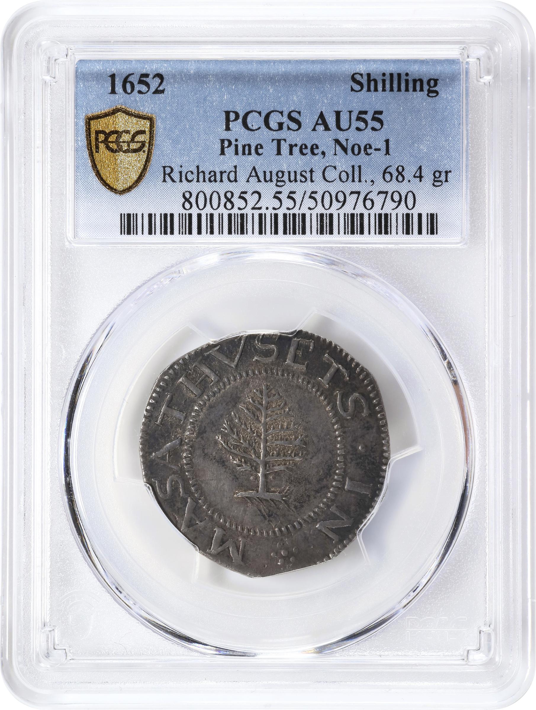 image for: 1652 Pine Tree Shilling. Large Planchet. Noe-1, Salmon 1-A, W-690. Rarity-2. Pellets at Trunk. AU-55 (PCGS).
