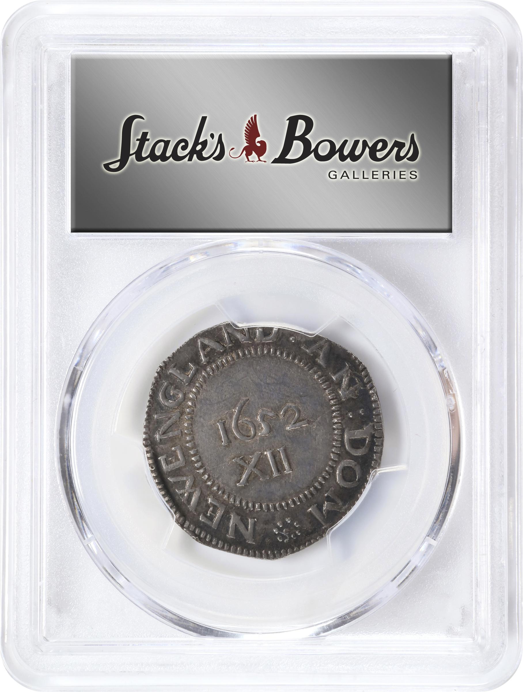 image for: 1652 Pine Tree Shilling. Large Planchet. Noe-1, Salmon 1-A, W-690. Rarity-2. Pellets at Trunk. AU-55 (PCGS).