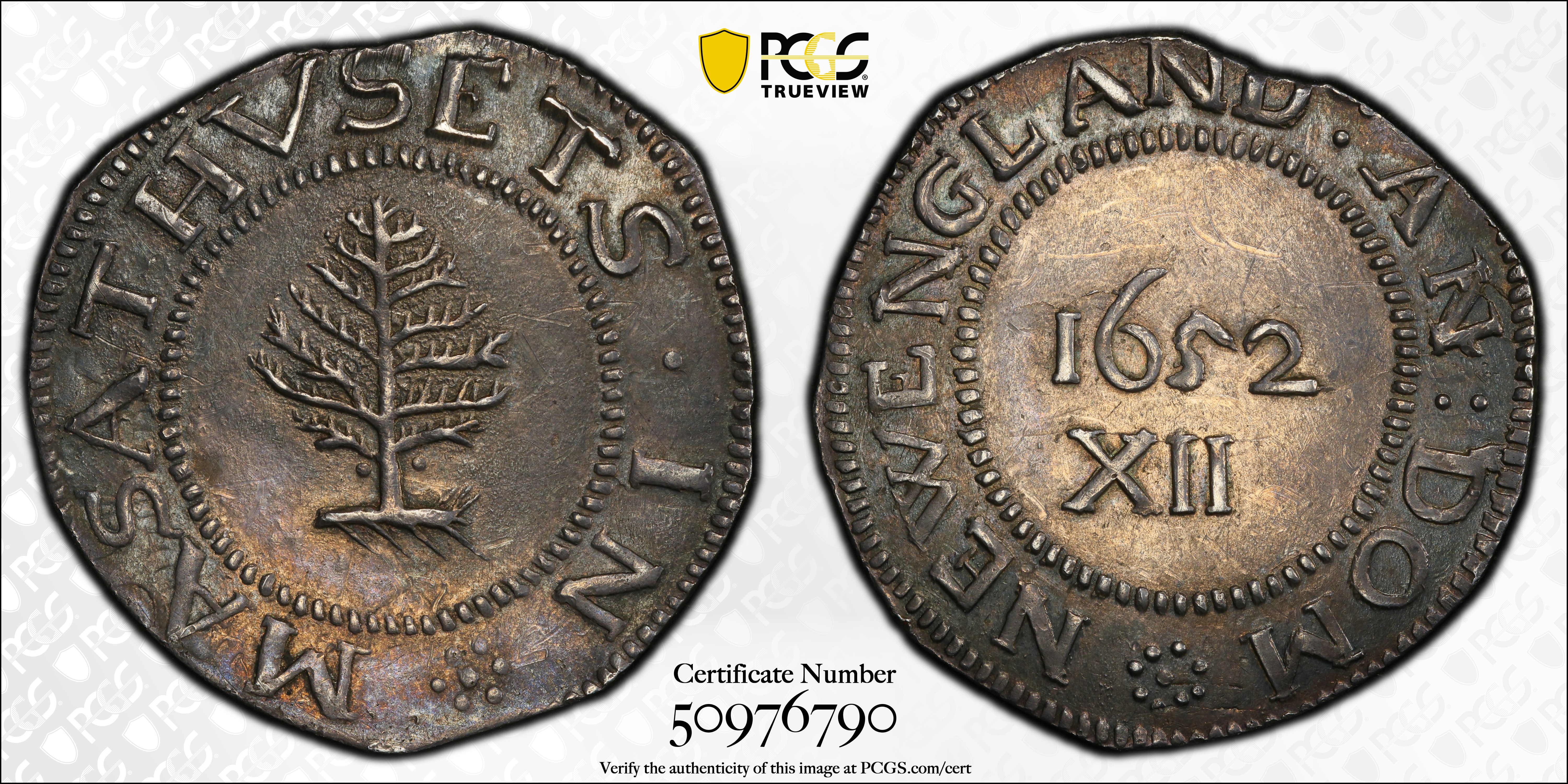 image for: 1652 Pine Tree Shilling. Large Planchet. Noe-1, Salmon 1-A, W-690. Rarity-2. Pellets at Trunk. AU-55 (PCGS).
