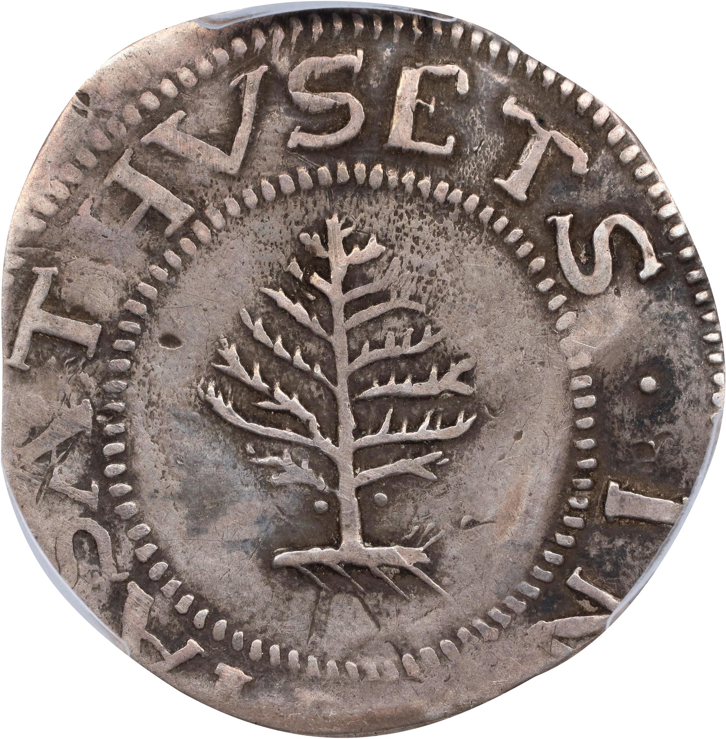 image for: 1652 Pine Tree Shilling. Large Planchet. Noe-1, Salmon 1-A, W-690. Rarity-2. Pellets at Trunk. VF-30 (PCGS).