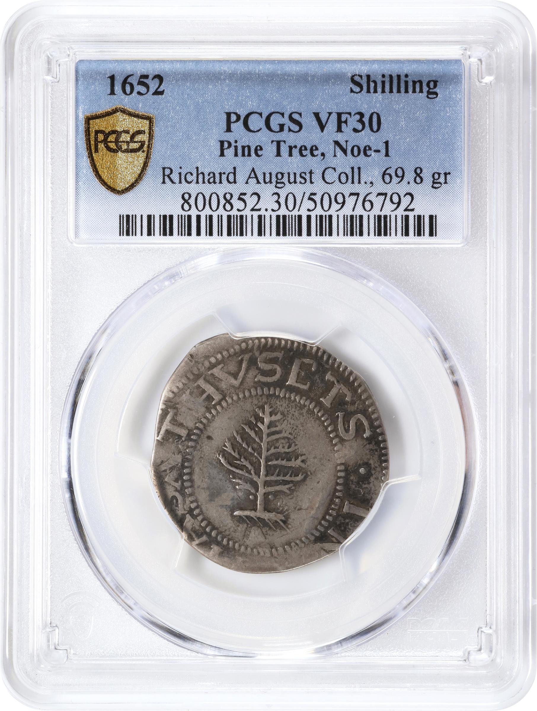 image for: 1652 Pine Tree Shilling. Large Planchet. Noe-1, Salmon 1-A, W-690. Rarity-2. Pellets at Trunk. VF-30 (PCGS).