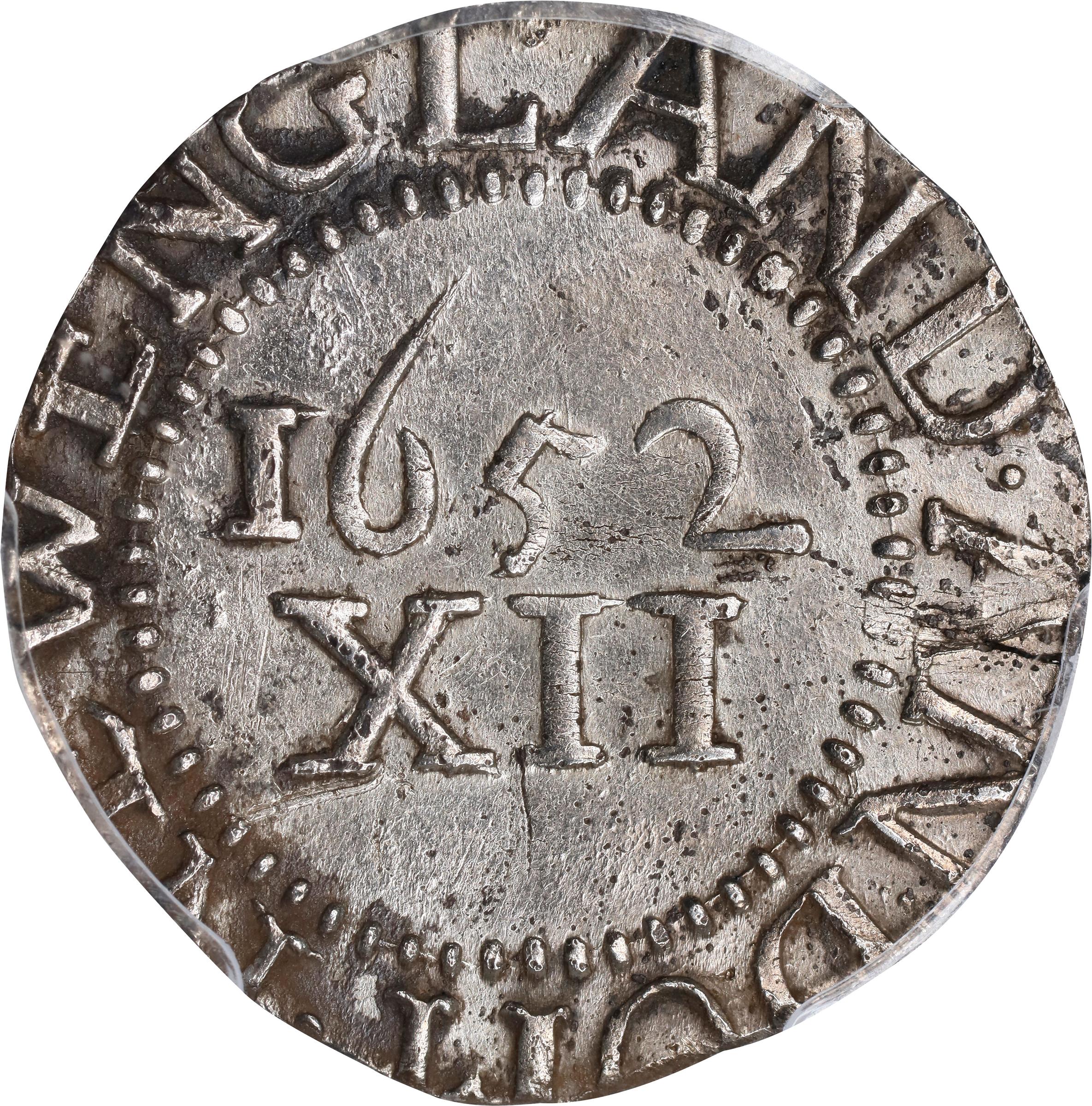 image for: 1652 Pine Tree Shilling. Large Planchet. Noe-3, Salmon 3-C, W-710. Rarity-6. Without Pellets at Trunk. MS-61 (PCGS).