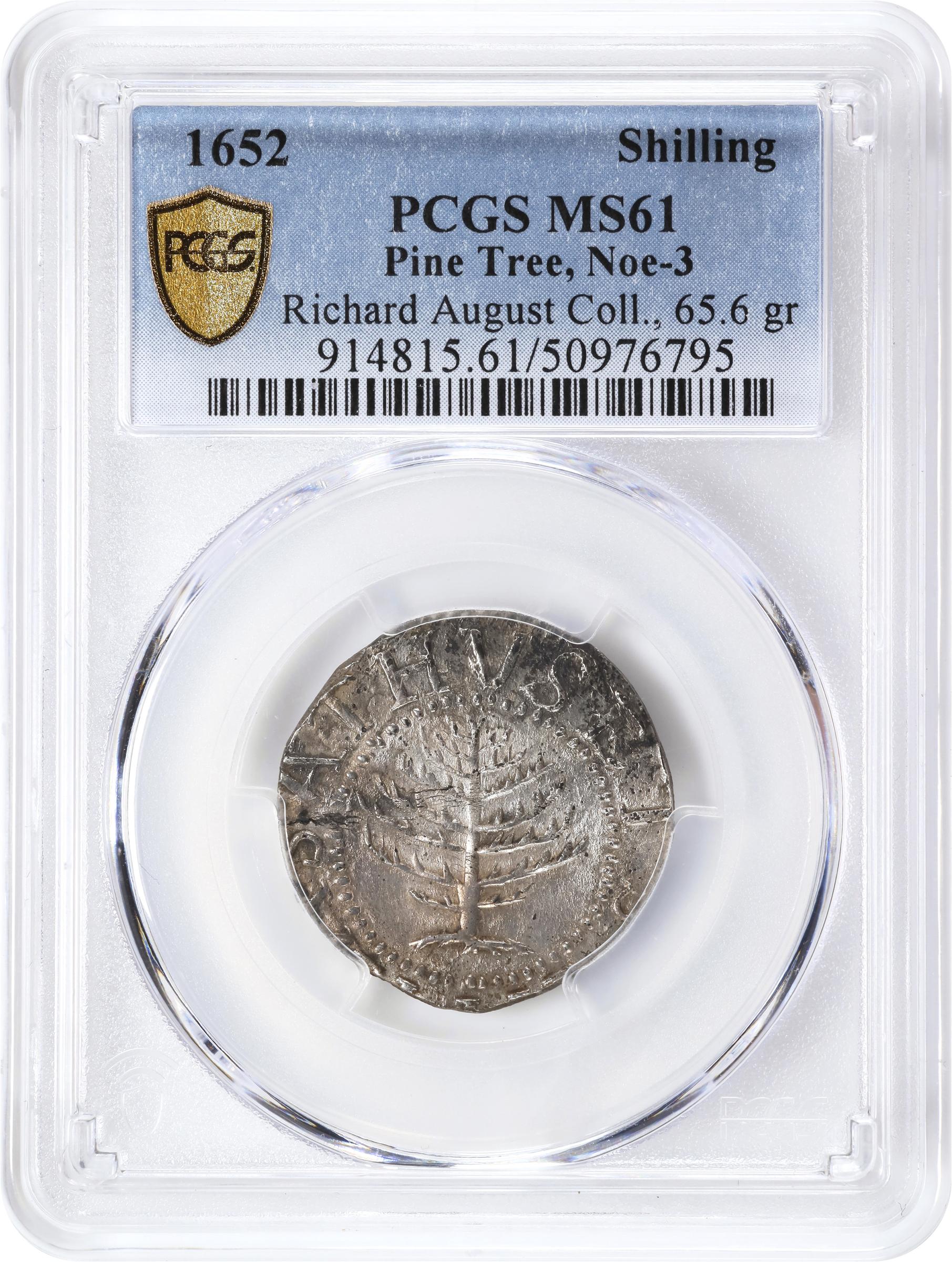 image for: 1652 Pine Tree Shilling. Large Planchet. Noe-3, Salmon 3-C, W-710. Rarity-6. Without Pellets at Trunk. MS-61 (PCGS).