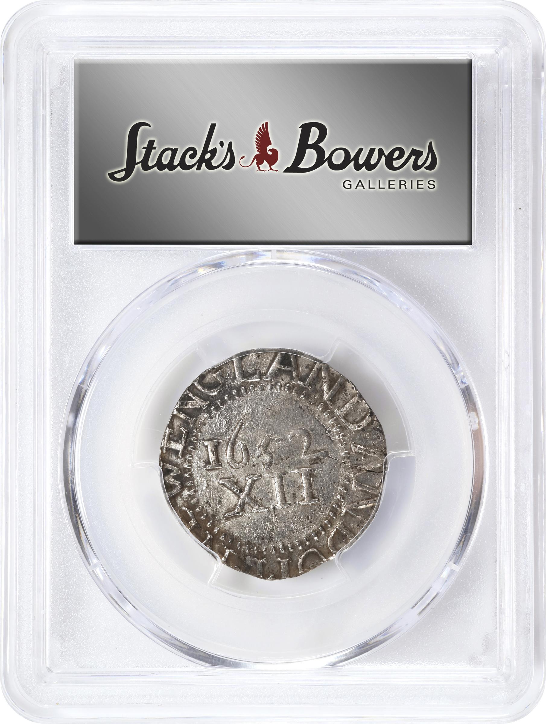 image for: 1652 Pine Tree Shilling. Large Planchet. Noe-3, Salmon 3-C, W-710. Rarity-6. Without Pellets at Trunk. MS-61 (PCGS).