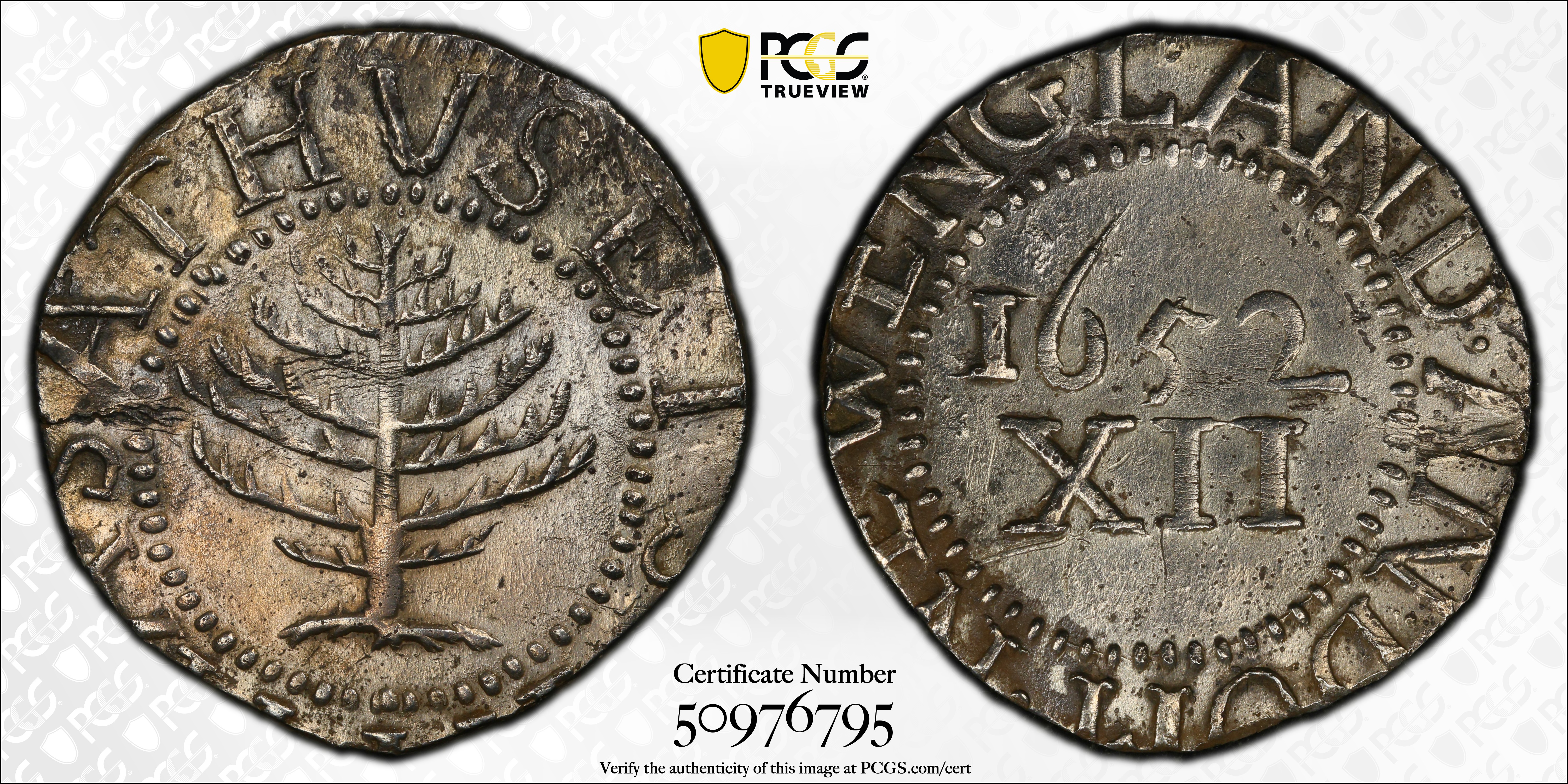 image for: 1652 Pine Tree Shilling. Large Planchet. Noe-3, Salmon 3-C, W-710. Rarity-6. Without Pellets at Trunk. MS-61 (PCGS).