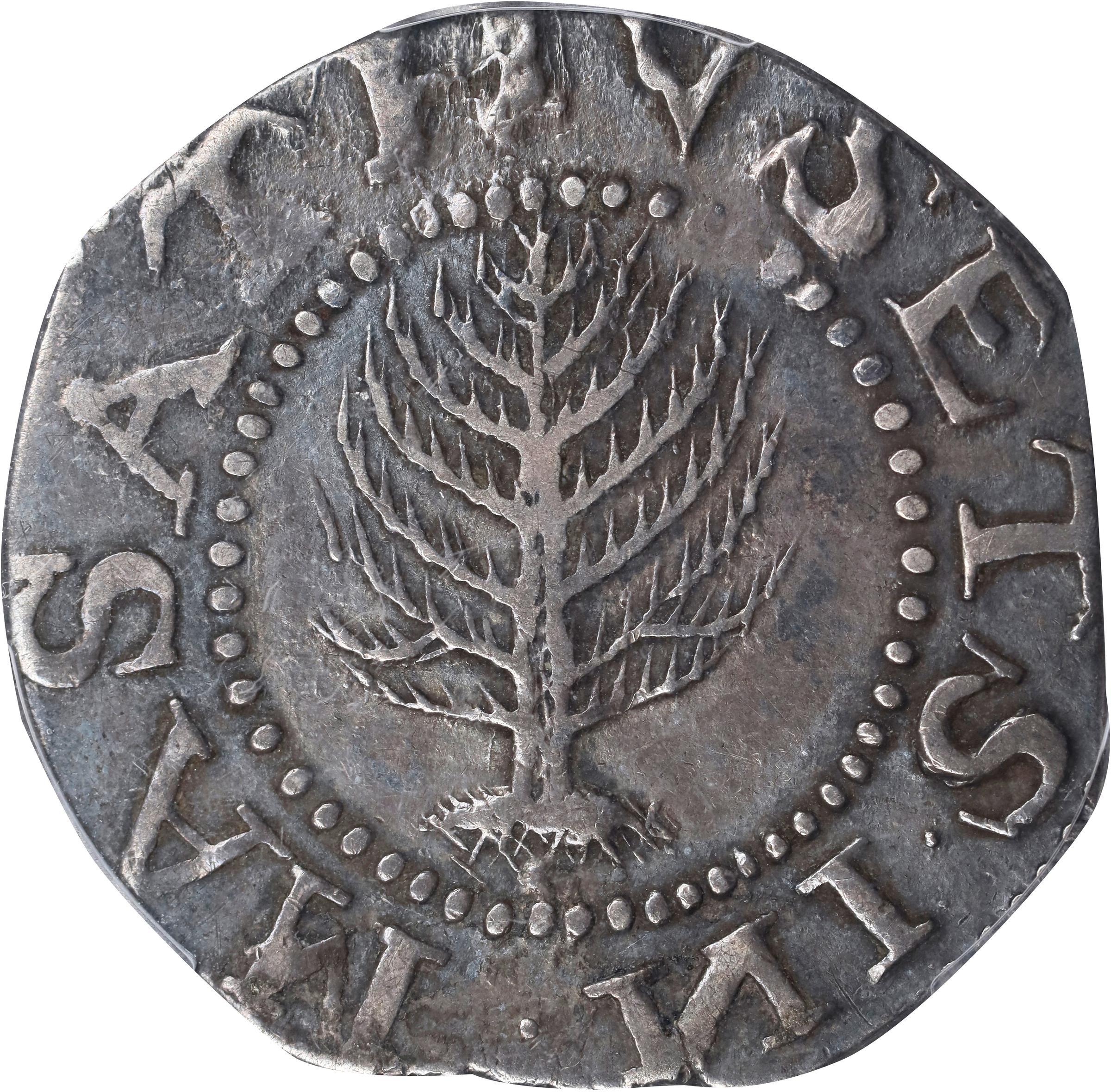 image for: 1652 Pine Tree Shilling. Large Planchet. Noe-8.2, Salmon 7-E, W-740. Rarity-5. Without Pellets at Trunk, Ligatured NE in Legend. EF-40 (PCGS).