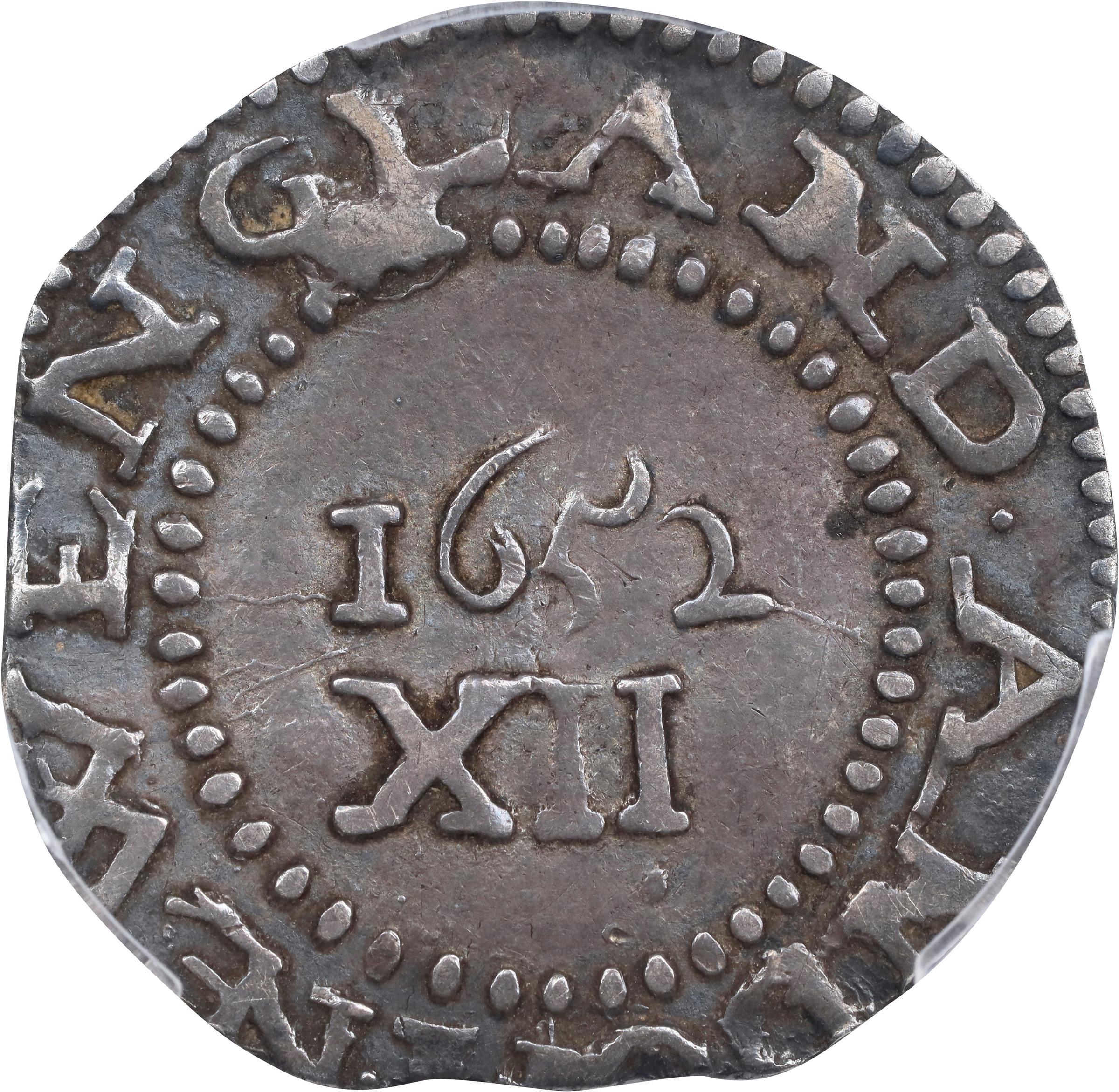 image for: 1652 Pine Tree Shilling. Large Planchet. Noe-8.2, Salmon 7-E, W-740. Rarity-5. Without Pellets at Trunk, Ligatured NE in Legend. EF-40 (PCGS).
