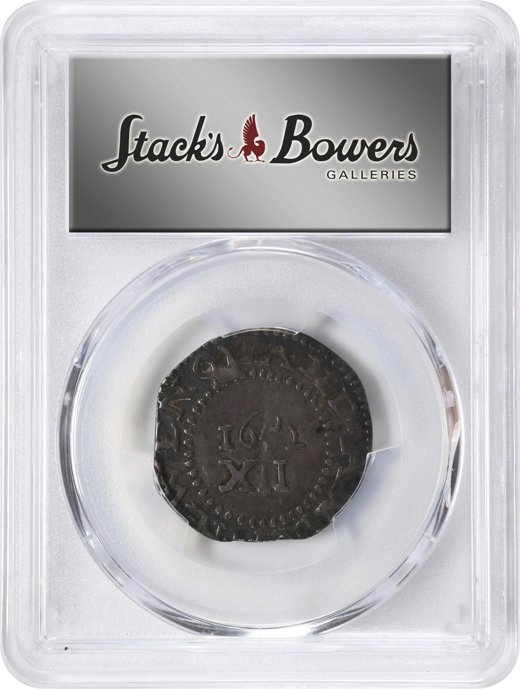 image for: 1652 Pine Tree Shilling. Large Planchet. Noe-8.2, Salmon 7-E, W-740. Rarity-5. Without Pellets at Trunk, Ligatured NE in Legend. EF-40 (PCGS).