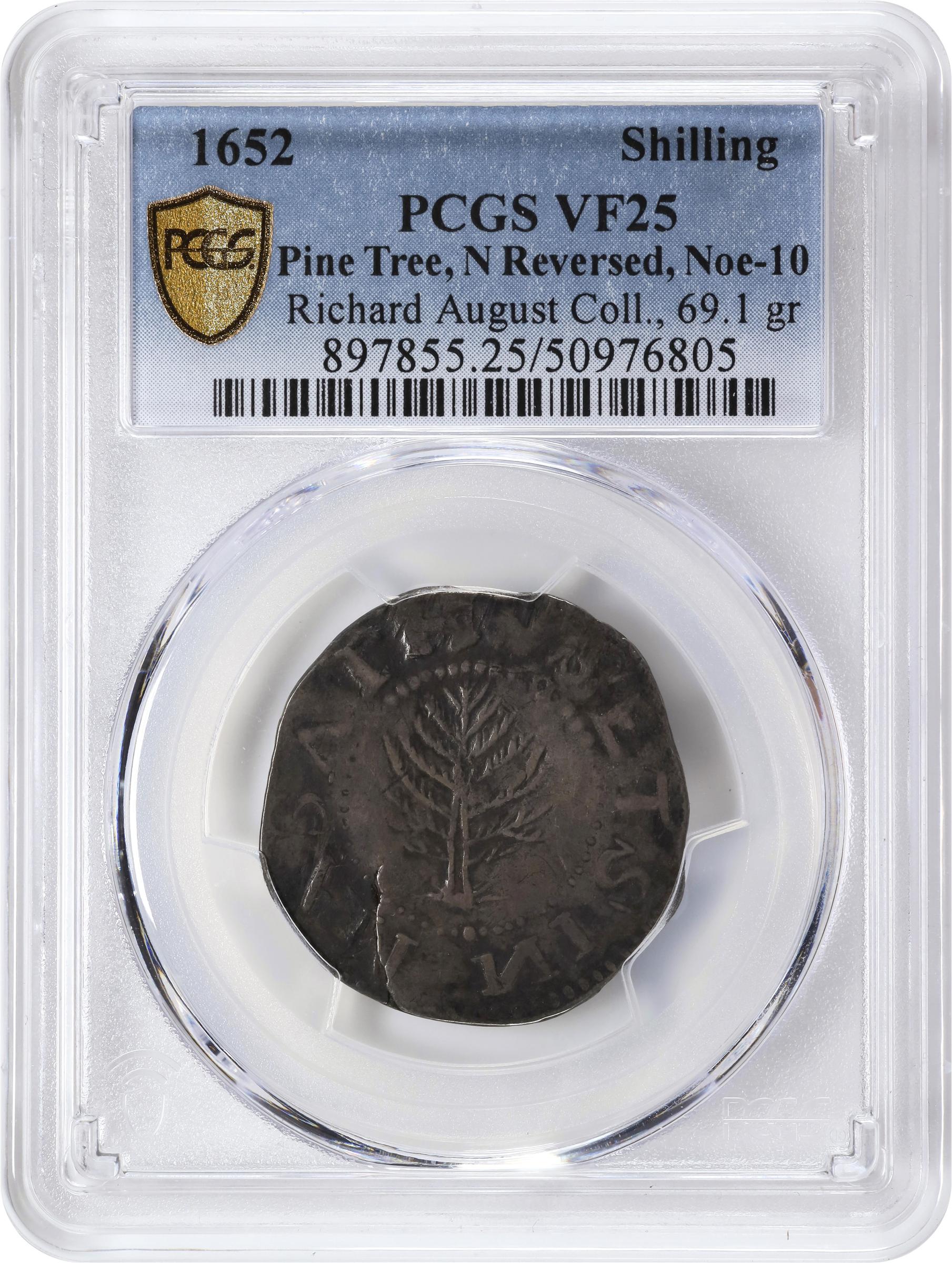 image for: 1652 Pine Tree Shilling. Large Planchet. Noe-10, Salmon 8-Diii, W-750. Rarity-3. Without Pellets at Trunk, Reversed Ns. VF-25 (PCGS).