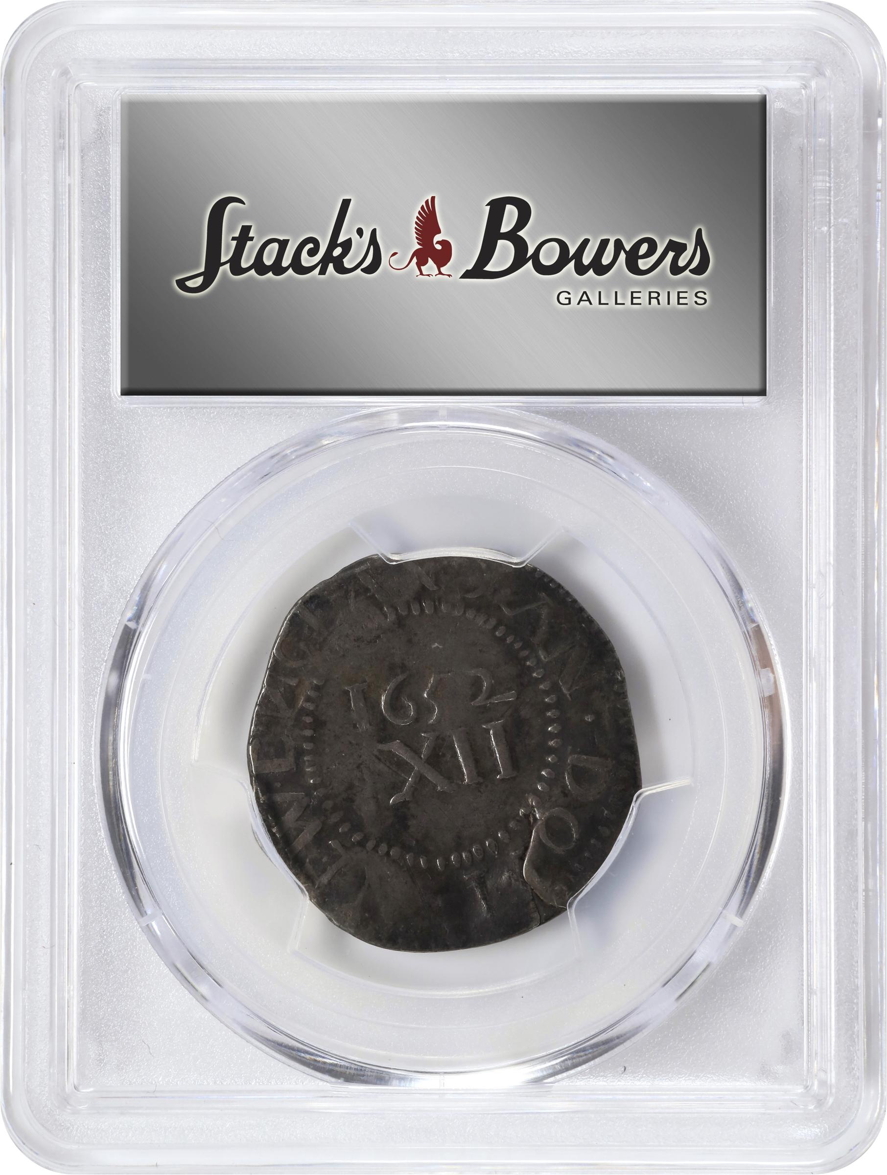 image for: 1652 Pine Tree Shilling. Large Planchet. Noe-10, Salmon 8-Diii, W-750. Rarity-3. Without Pellets at Trunk, Reversed Ns. VF-25 (PCGS).