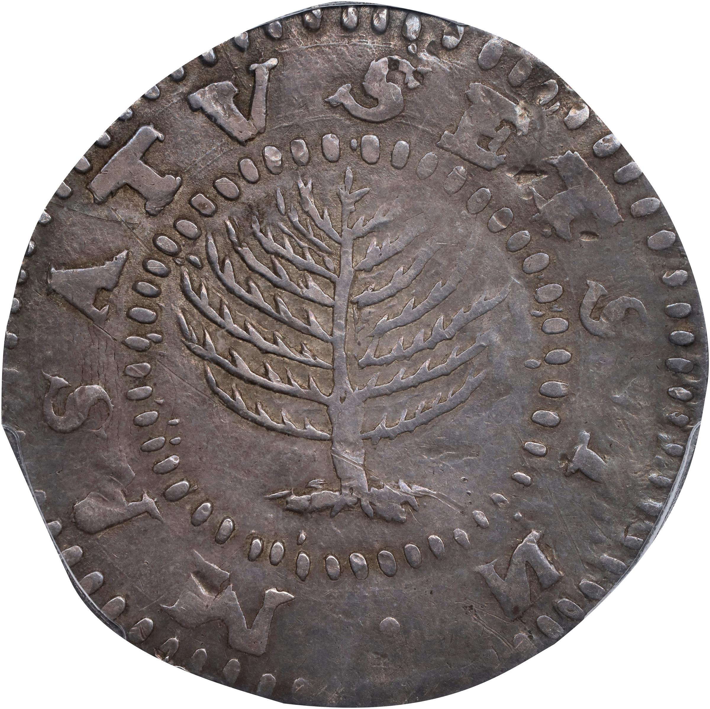 image for: 1652 Pine Tree Shilling. Large Planchet. Noe-11, Salmon 9-F, W-760. Rarity-4. Without Pellets at Trunk, No H in MASATVSETS. EF-45 (PCGS).