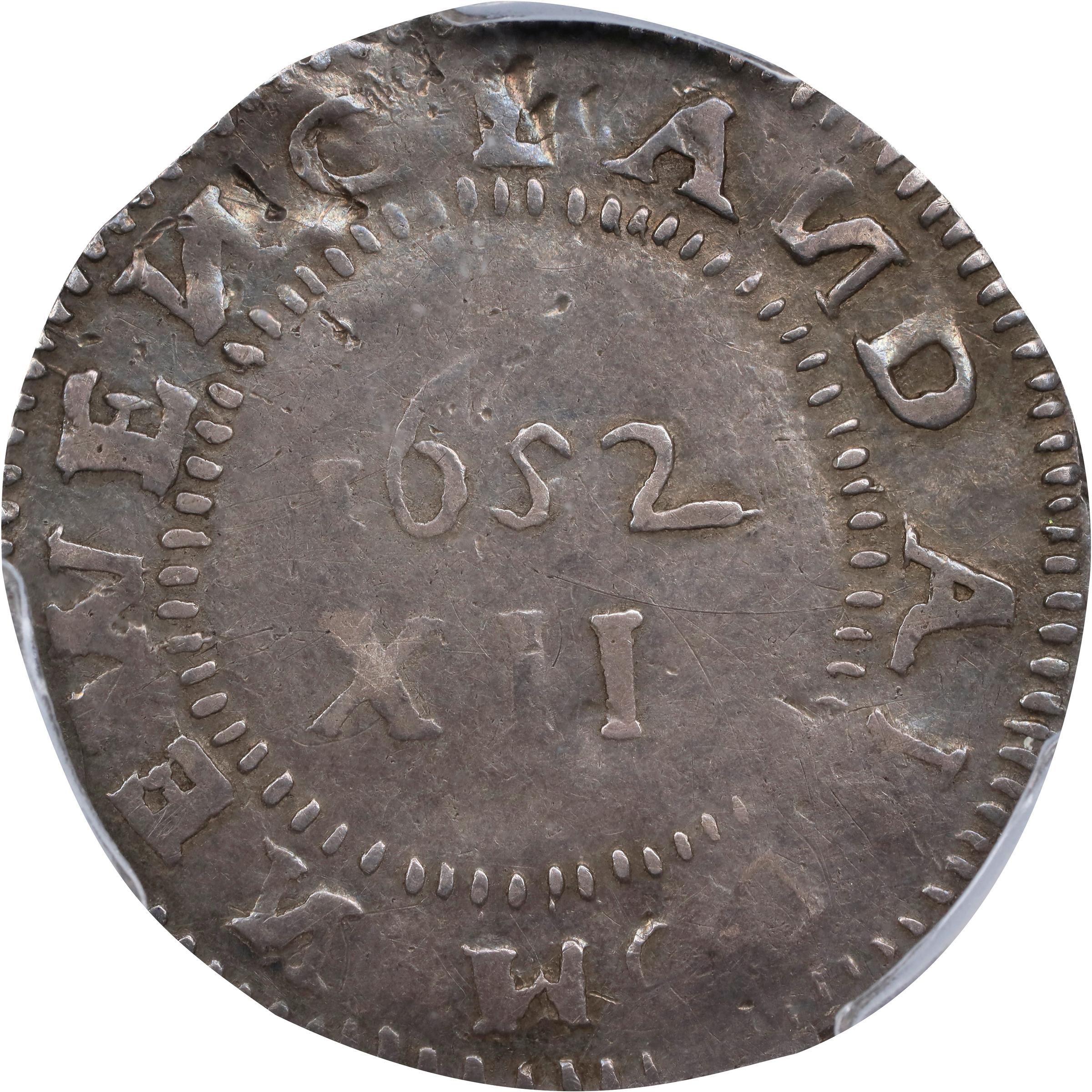 image for: 1652 Pine Tree Shilling. Large Planchet. Noe-11, Salmon 9-F, W-760. Rarity-4. Without Pellets at Trunk, No H in MASATVSETS. EF-45 (PCGS).