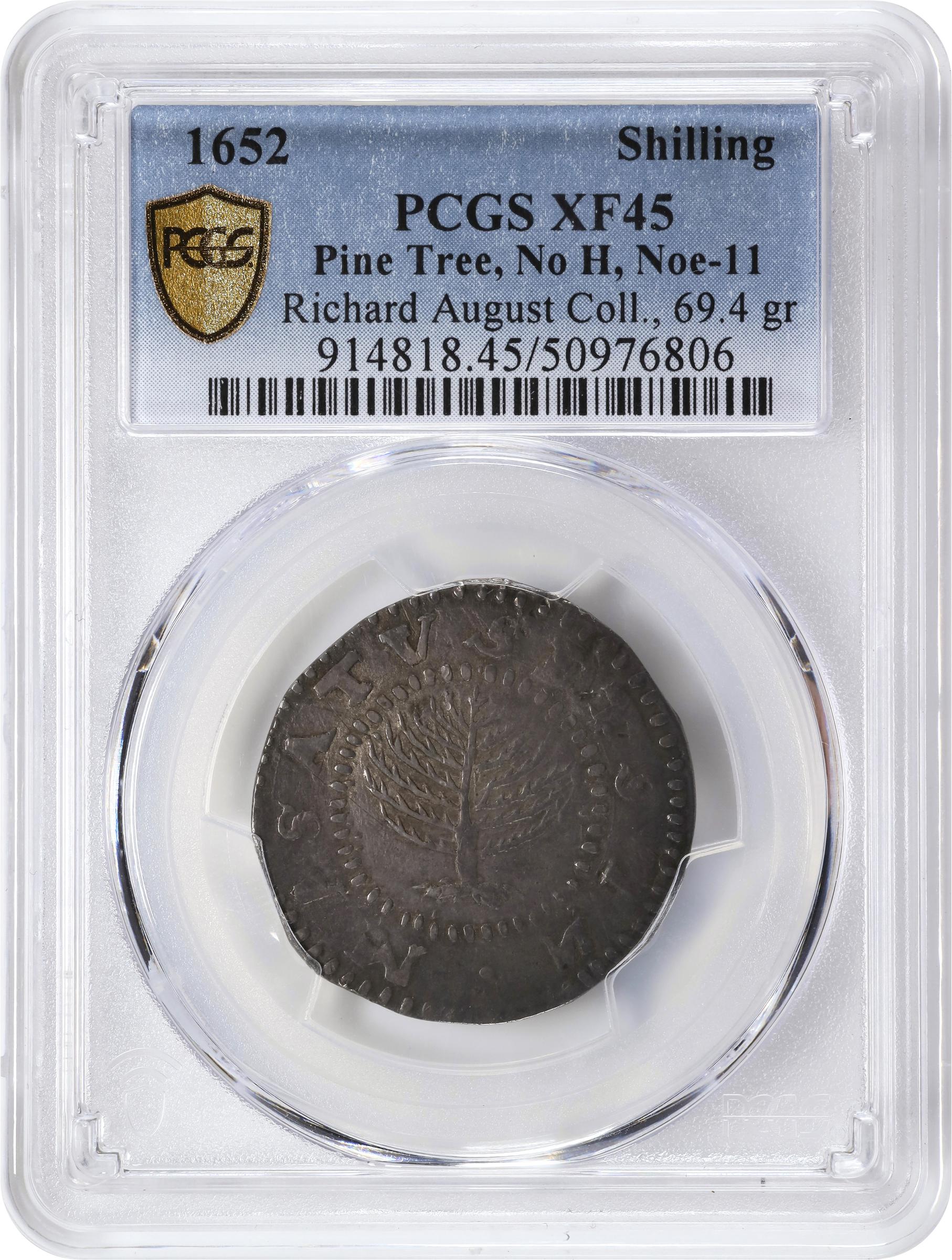image for: 1652 Pine Tree Shilling. Large Planchet. Noe-11, Salmon 9-F, W-760. Rarity-4. Without Pellets at Trunk, No H in MASATVSETS. EF-45 (PCGS).