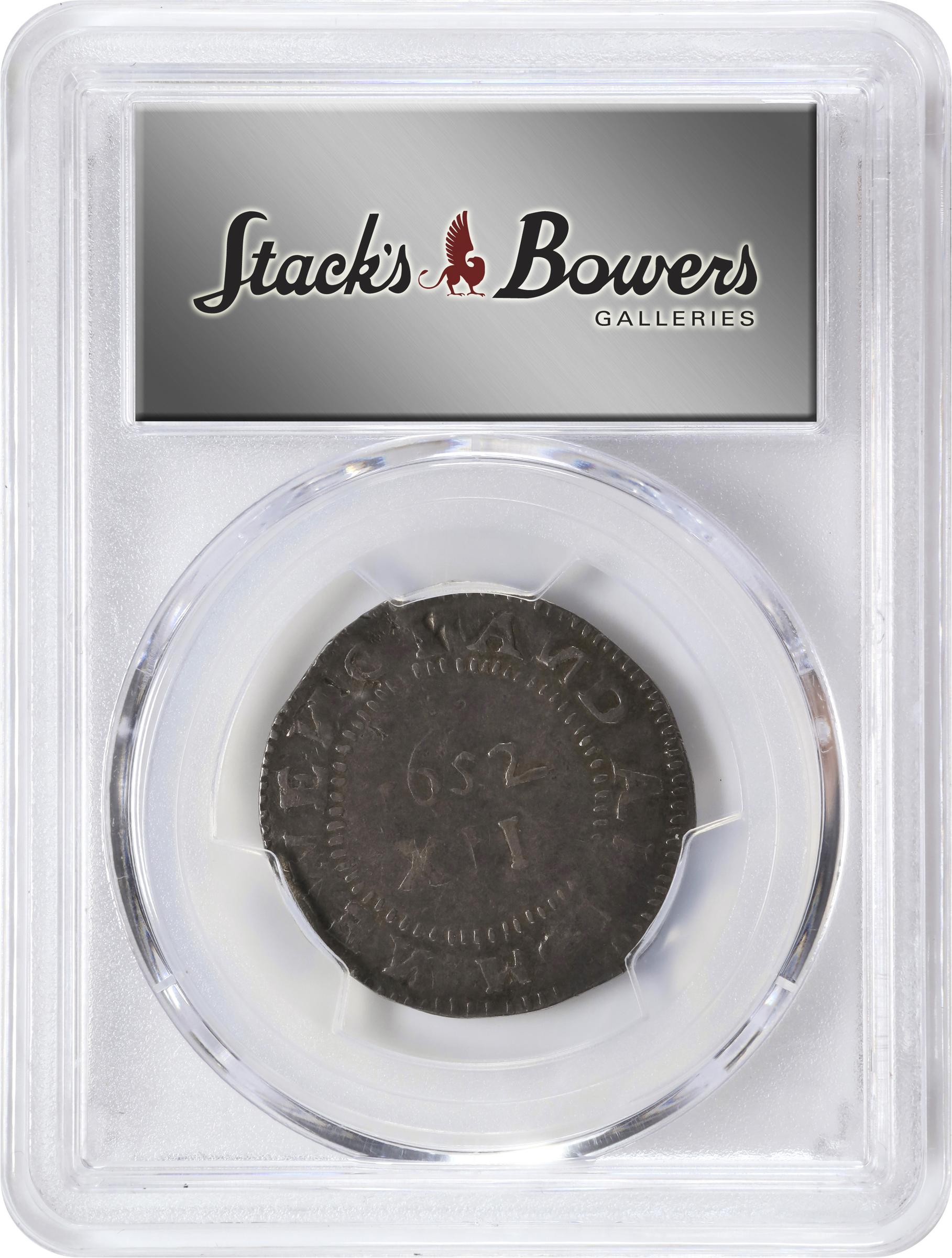 image for: 1652 Pine Tree Shilling. Large Planchet. Noe-11, Salmon 9-F, W-760. Rarity-4. Without Pellets at Trunk, No H in MASATVSETS. EF-45 (PCGS).