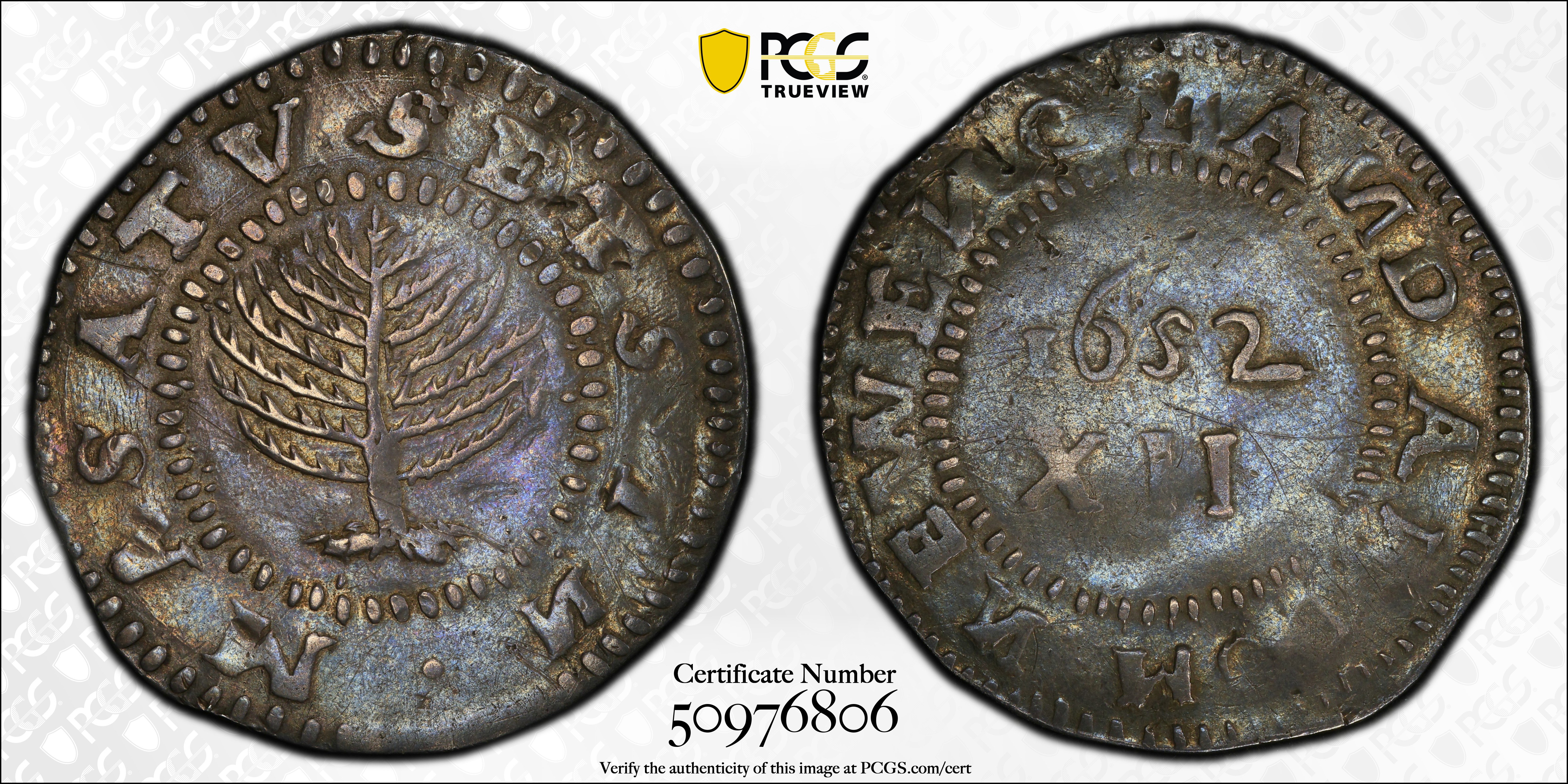image for: 1652 Pine Tree Shilling. Large Planchet. Noe-11, Salmon 9-F, W-760. Rarity-4. Without Pellets at Trunk, No H in MASATVSETS. EF-45 (PCGS).