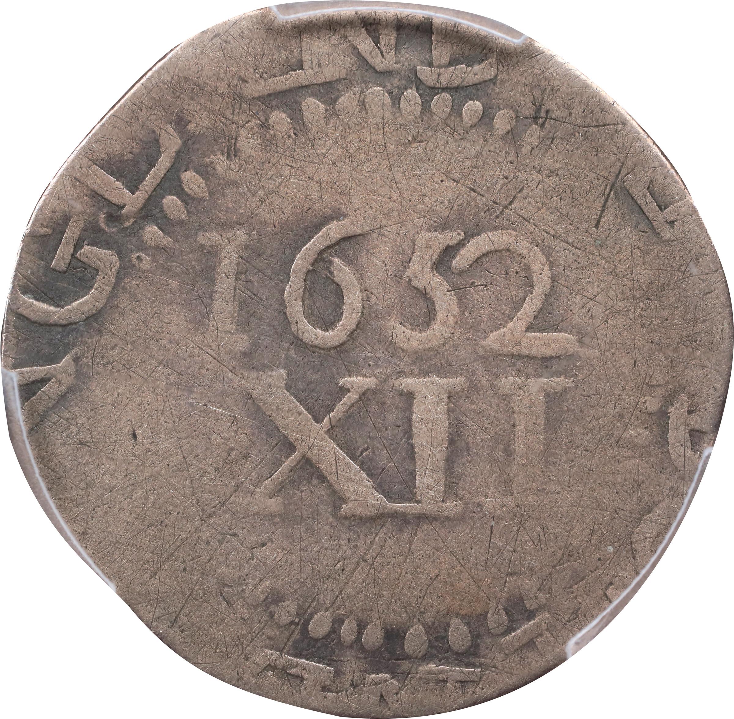 image for: 1652 Pine Tree Shilling. Large Planchet. Noe-13, Salmon 13-X, W-780. Rarity-6+. Without Pellets at Trunk. VG-8 (PCGS).