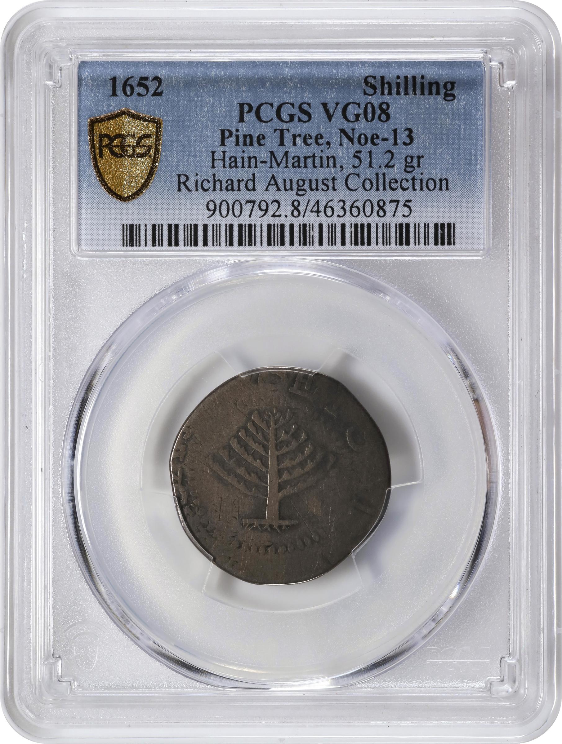 image for: 1652 Pine Tree Shilling. Large Planchet. Noe-13, Salmon 13-X, W-780. Rarity-6+. Without Pellets at Trunk. VG-8 (PCGS).