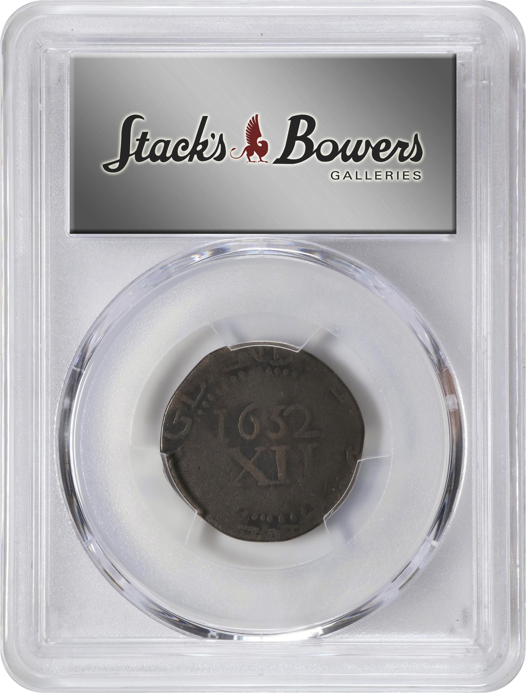 image for: 1652 Pine Tree Shilling. Large Planchet. Noe-13, Salmon 13-X, W-780. Rarity-6+. Without Pellets at Trunk. VG-8 (PCGS).