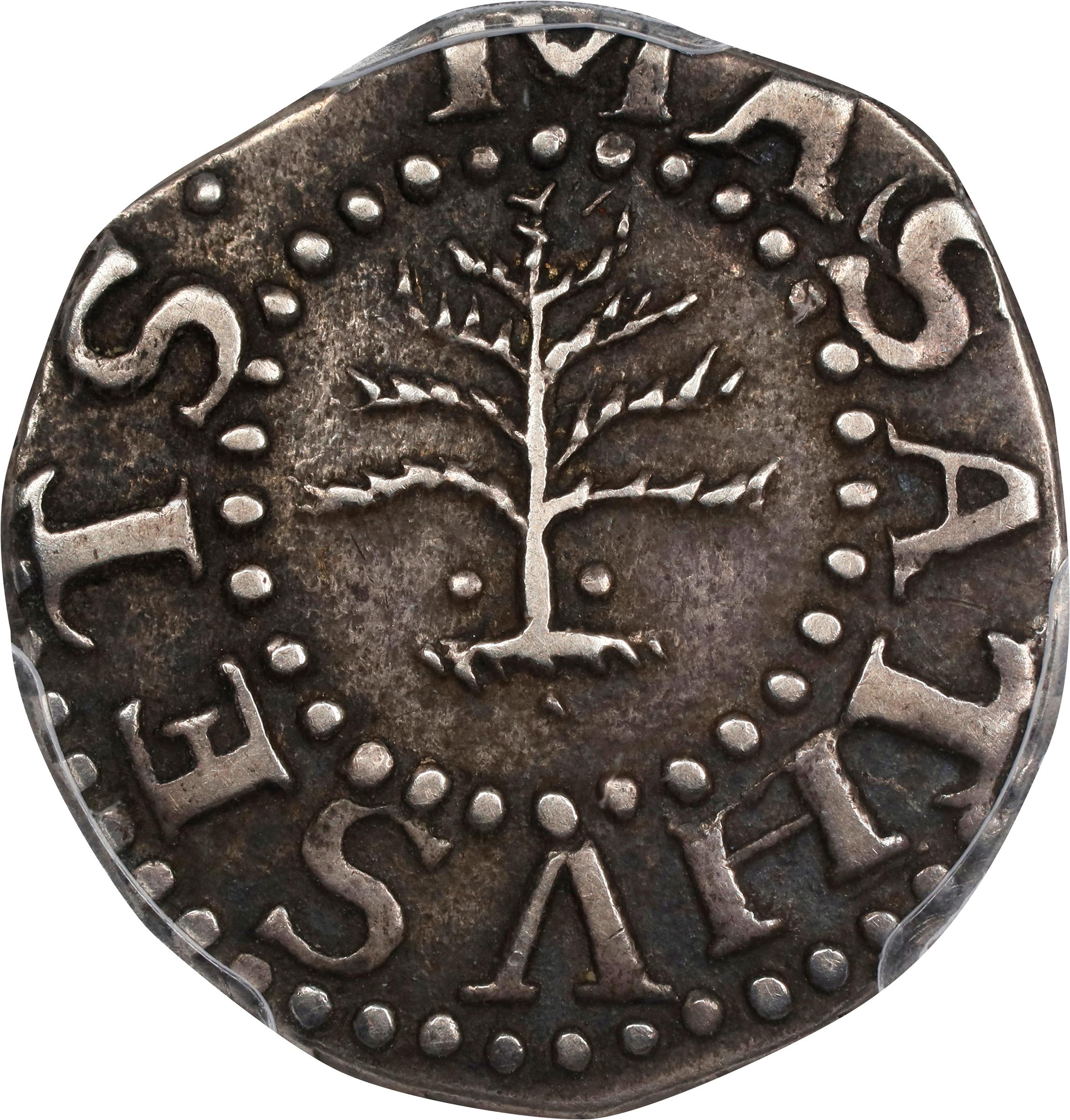 image for: 1652 Pine Tree Threepence. Noe-34, Salmon 1-A, W-630. Rarity-4. Pellets at Trunk. EF-40 (PCGS).