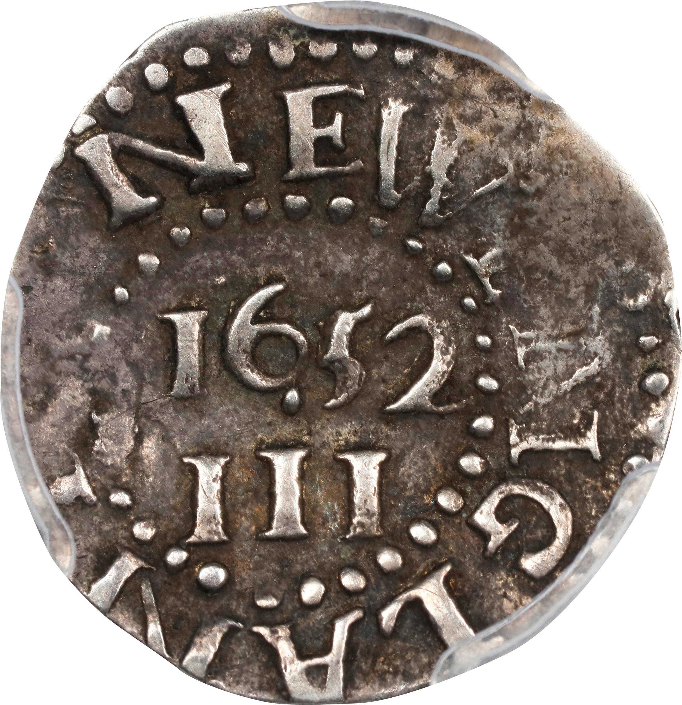 image for: 1652 Pine Tree Threepence. Noe-34, Salmon 1-A, W-630. Rarity-4. Pellets at Trunk. EF-40 (PCGS).