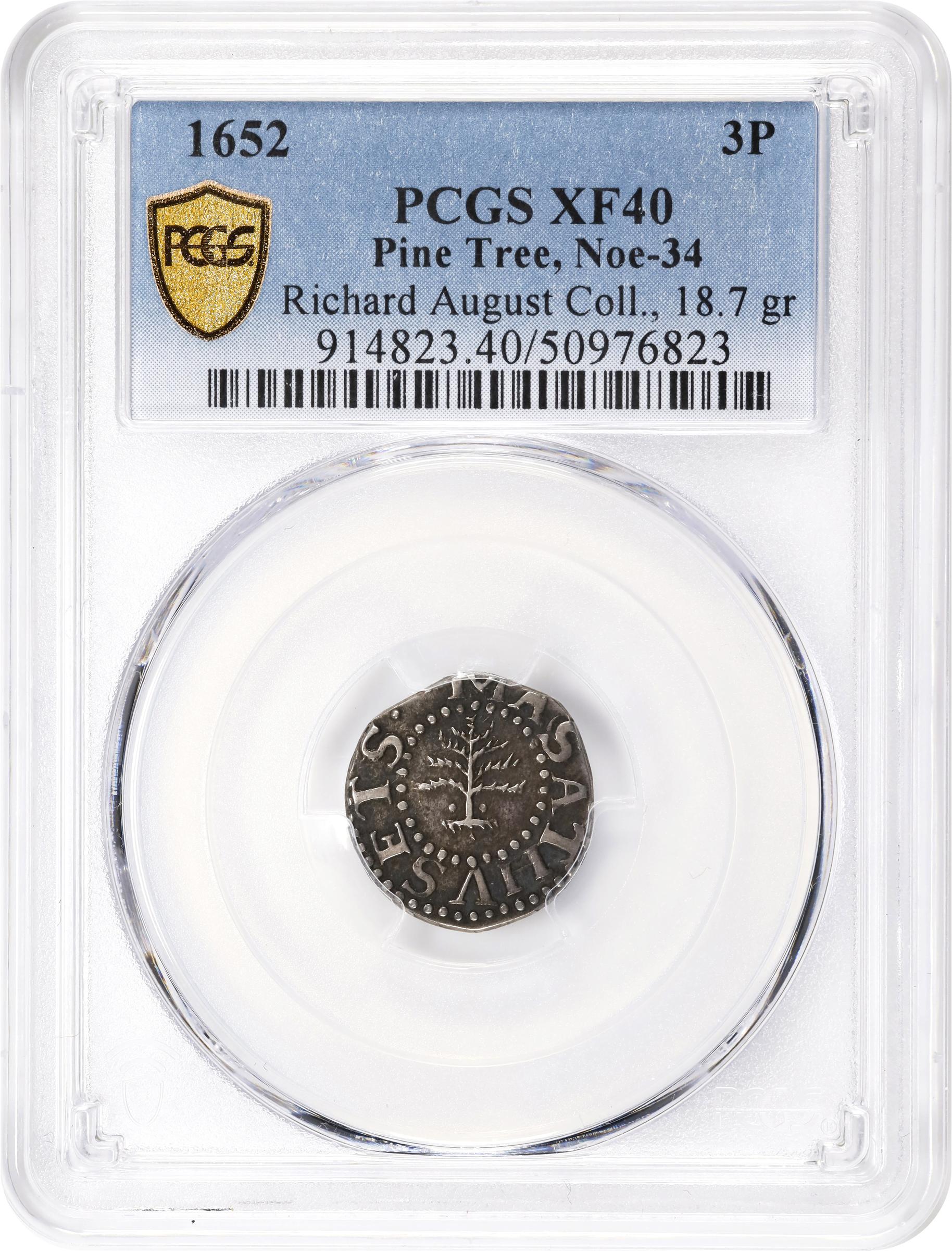 image for: 1652 Pine Tree Threepence. Noe-34, Salmon 1-A, W-630. Rarity-4. Pellets at Trunk. EF-40 (PCGS).
