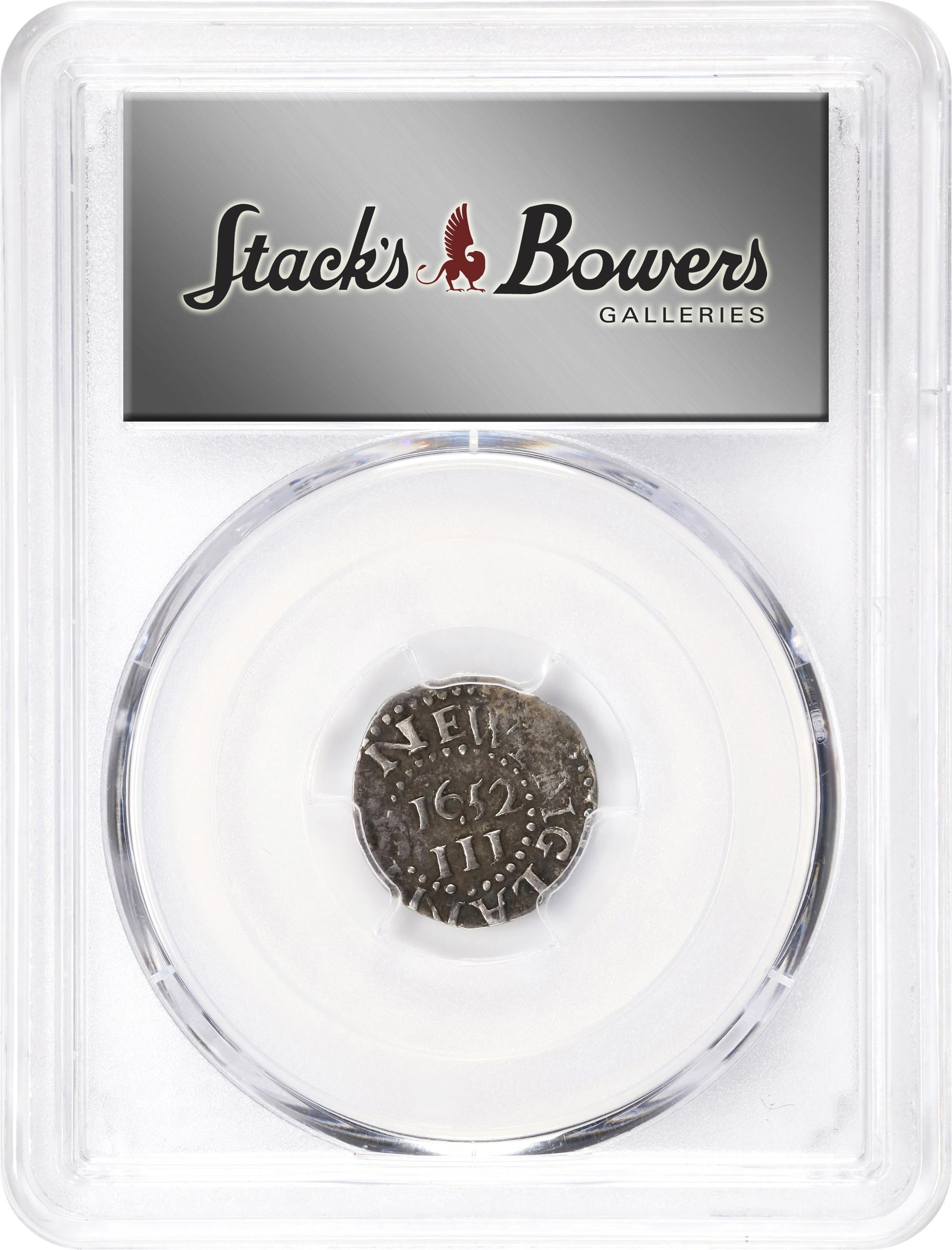 image for: 1652 Pine Tree Threepence. Noe-34, Salmon 1-A, W-630. Rarity-4. Pellets at Trunk. EF-40 (PCGS).