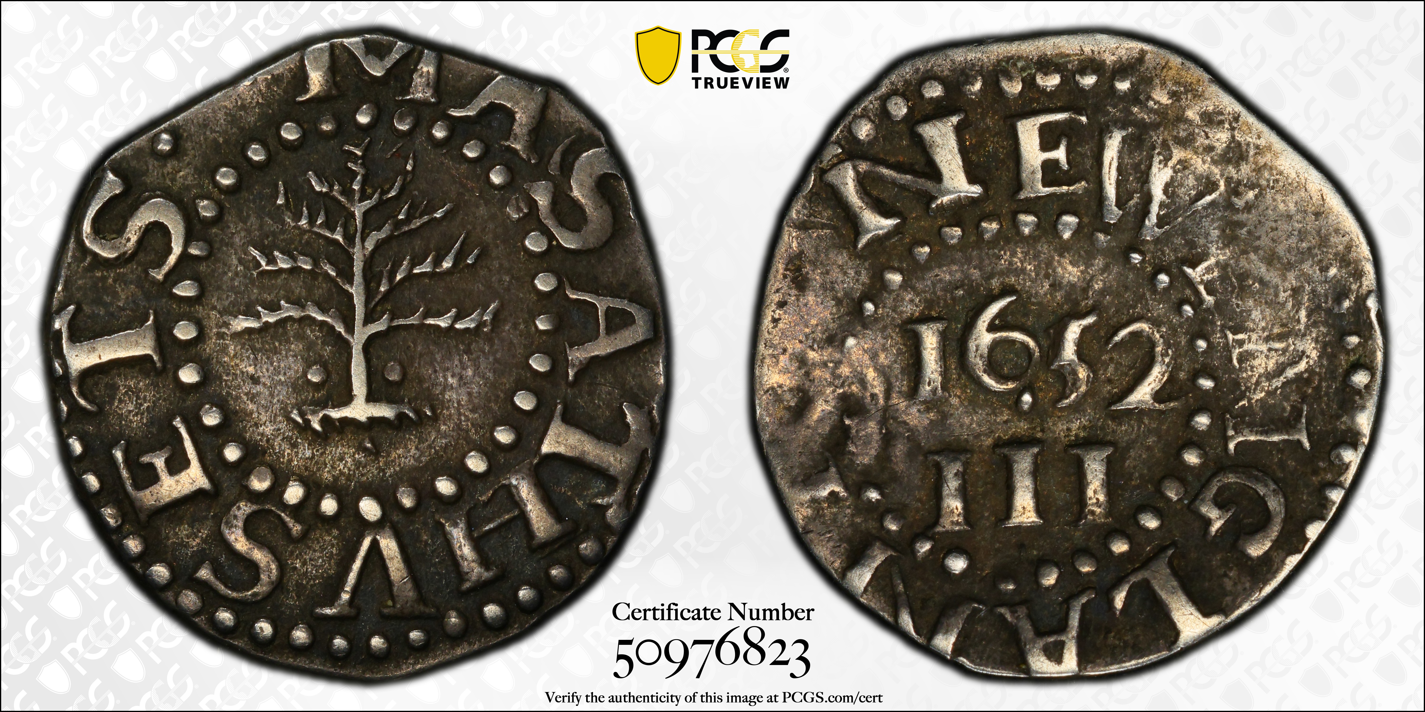 image for: 1652 Pine Tree Threepence. Noe-34, Salmon 1-A, W-630. Rarity-4. Pellets at Trunk. EF-40 (PCGS).