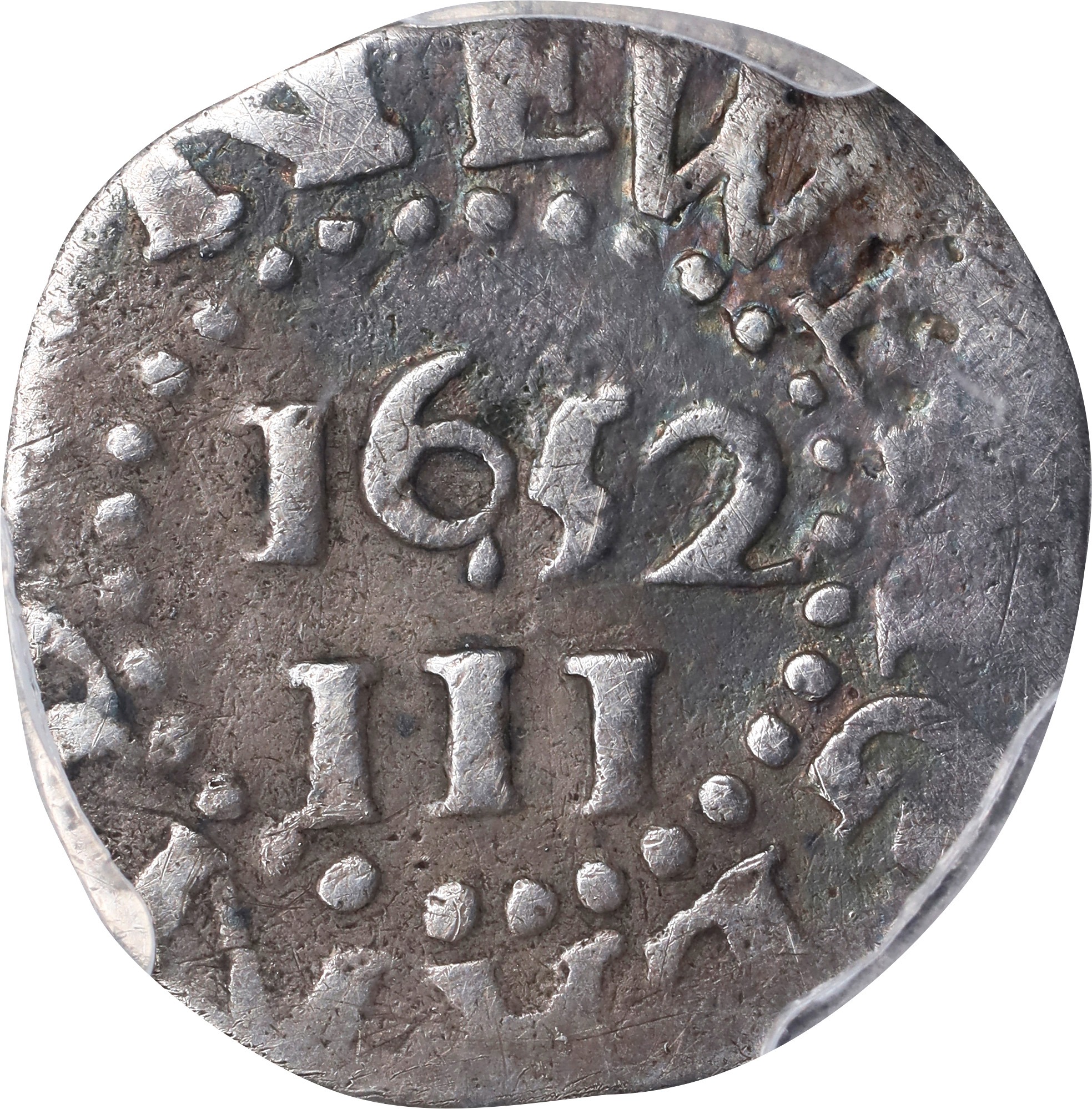 image for: 1652 Pine Tree Threepence. Noe-34, Salmon 1-A, W-630. Rarity-4. Pellets at Trunk. VF-20 (PCGS).