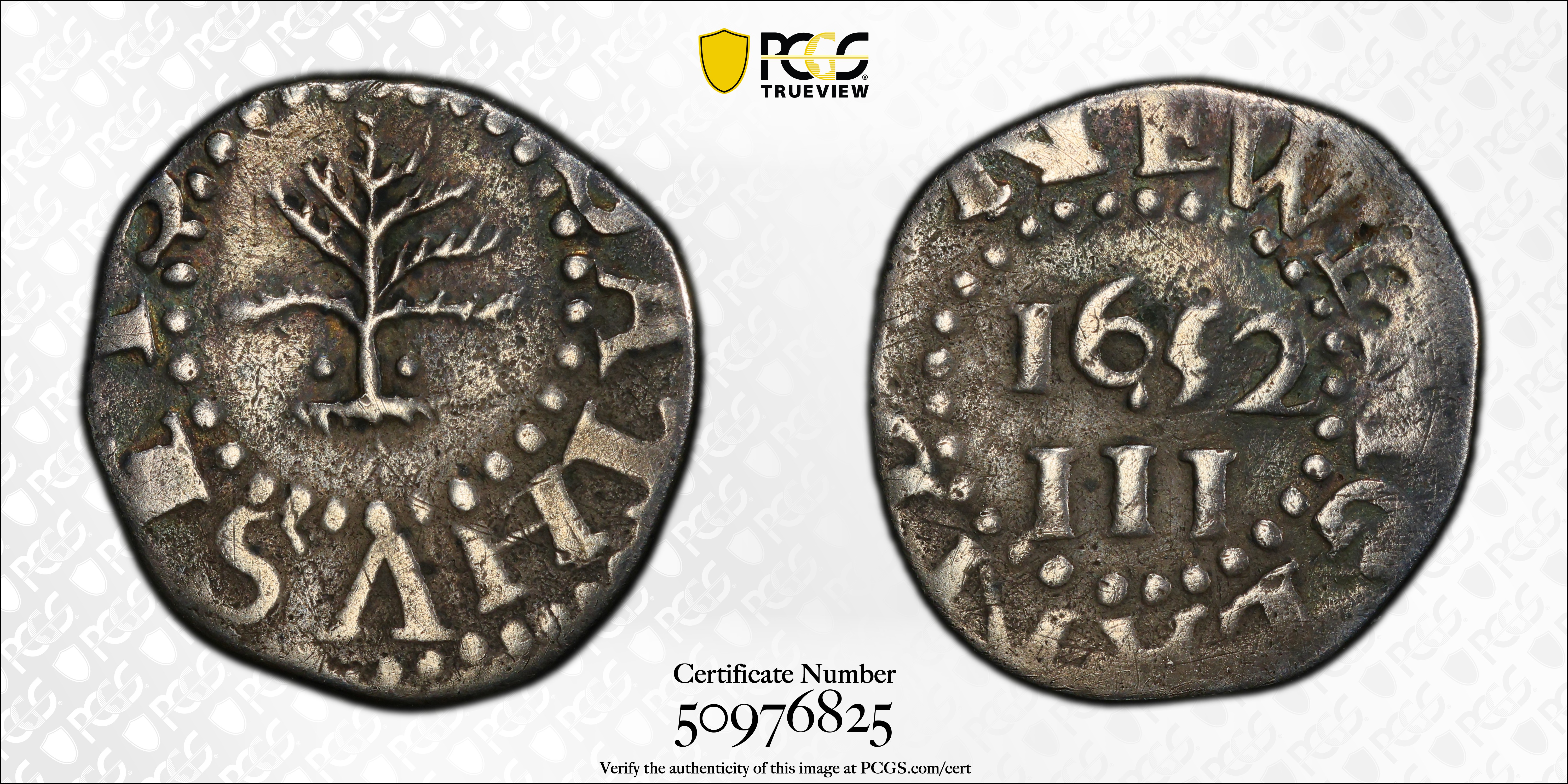 image for: 1652 Pine Tree Threepence. Noe-34, Salmon 1-A, W-630. Rarity-4. Pellets at Trunk. VF-20 (PCGS).
