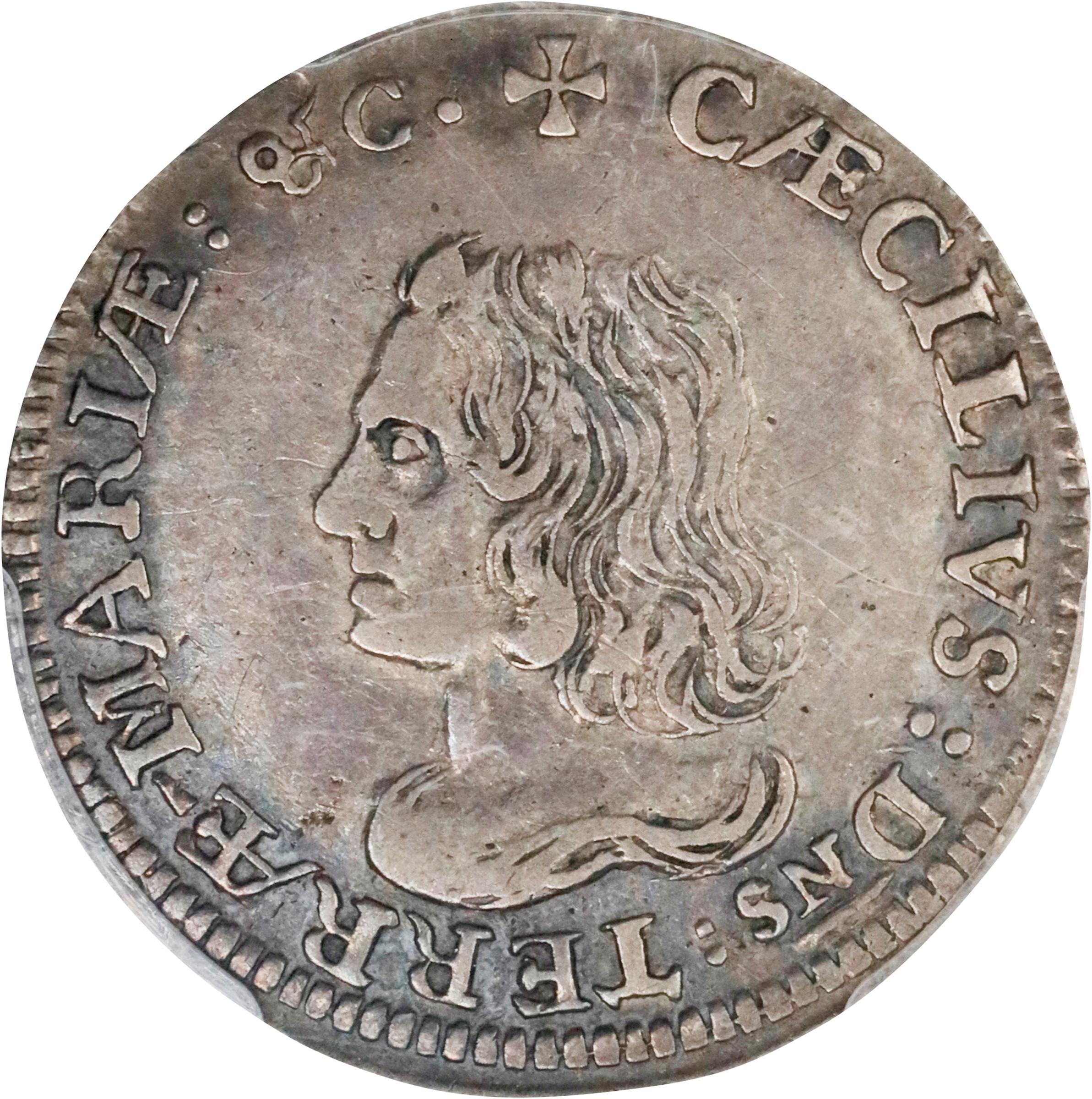 image for: Undated (1659) Lord Baltimore Sixpence. Hodder 2-C, W-1060. Rarity-5. Small Bust, No Stop. Silver. EF-45 (PCGS).