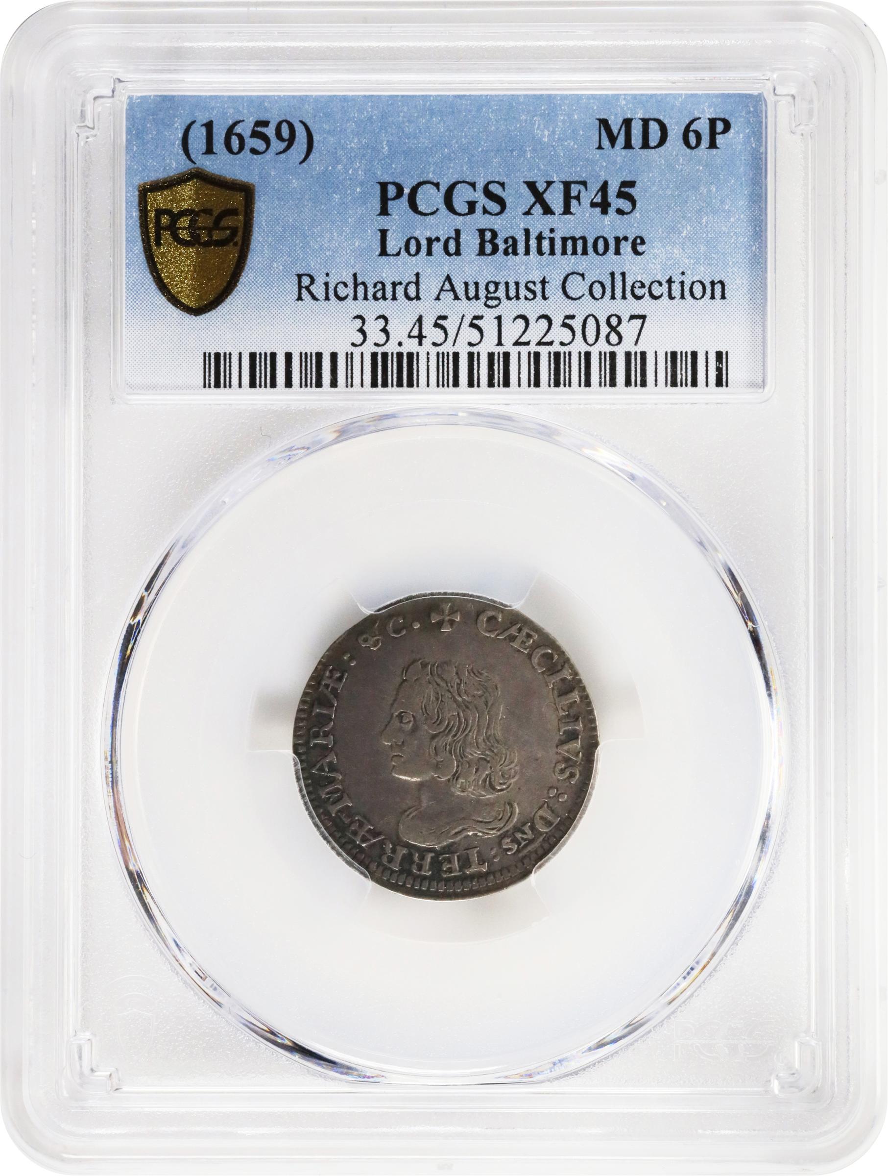 image for: Undated (1659) Lord Baltimore Sixpence. Hodder 2-C, W-1060. Rarity-5. Small Bust, No Stop. Silver. EF-45 (PCGS).