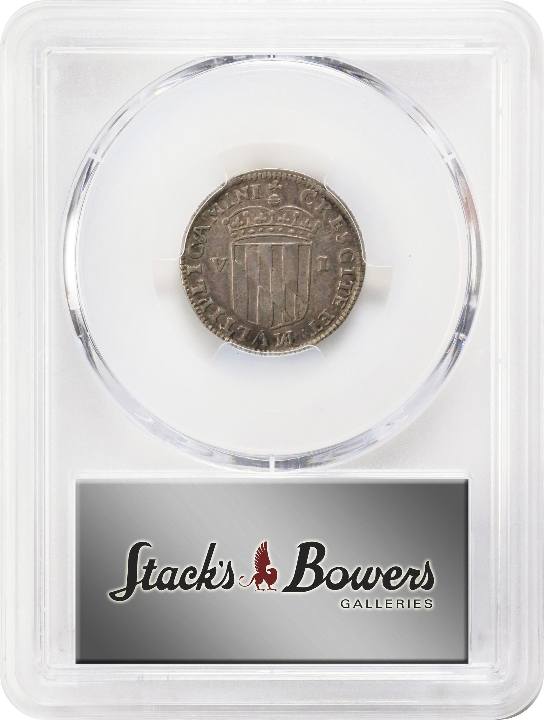 image for: Undated (1659) Lord Baltimore Sixpence. Hodder 2-C, W-1060. Rarity-5. Small Bust, No Stop. Silver. EF-45 (PCGS).