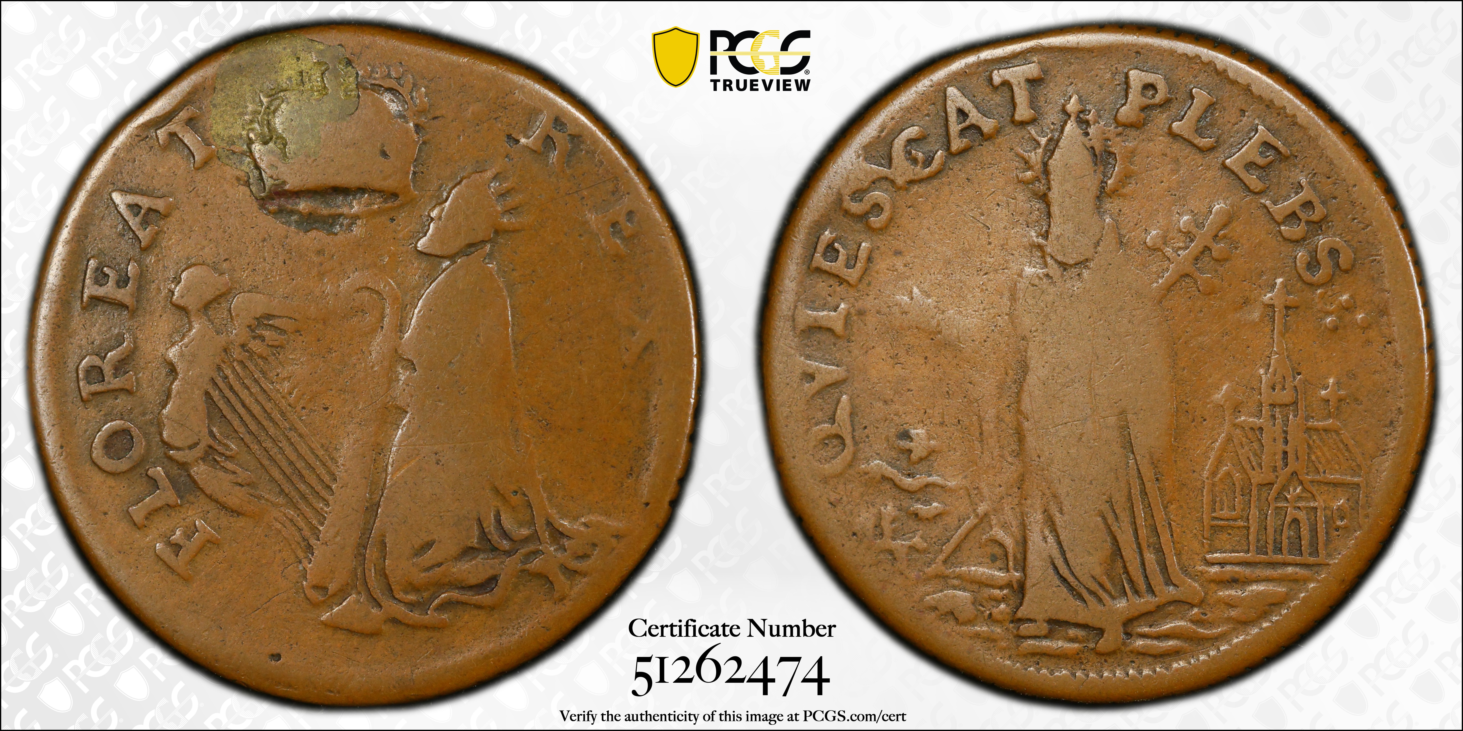 image for: Undated (ca. 1652-1674) St. Patrick Farthing. Martin 1c.1-Aa.1, W-11500. Rarity-7. Copper. Halo Around Saint's Head. VG-10 (PCGS).
