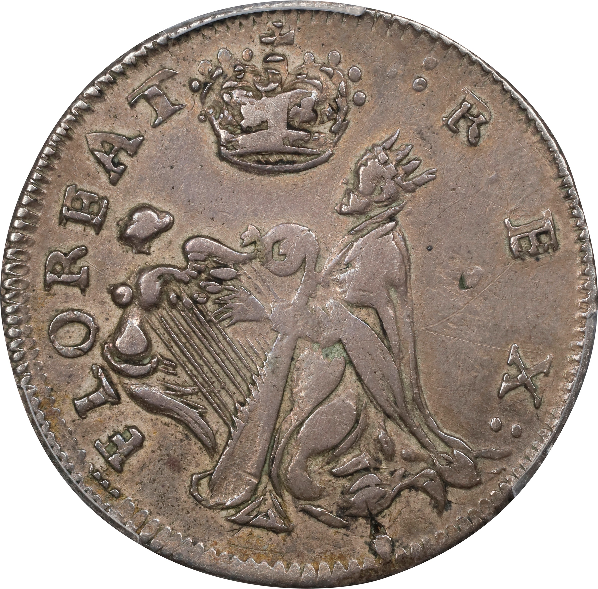 image for: Undated (ca. 1652-1674) St. Patrick Farthing. Martin 1c.32-Ca.21, W-11520. Rarity-8. Silver. Nothing Below King. AU-50 (PCGS).