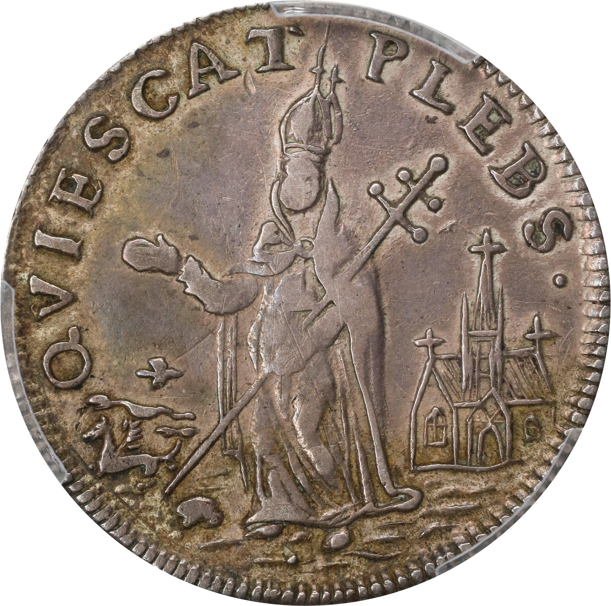 image for: Undated (ca. 1652-1674) St. Patrick Farthing. Martin 1c.32-Ca.21, W-11520. Rarity-8. Silver. Nothing Below King. AU-50 (PCGS).