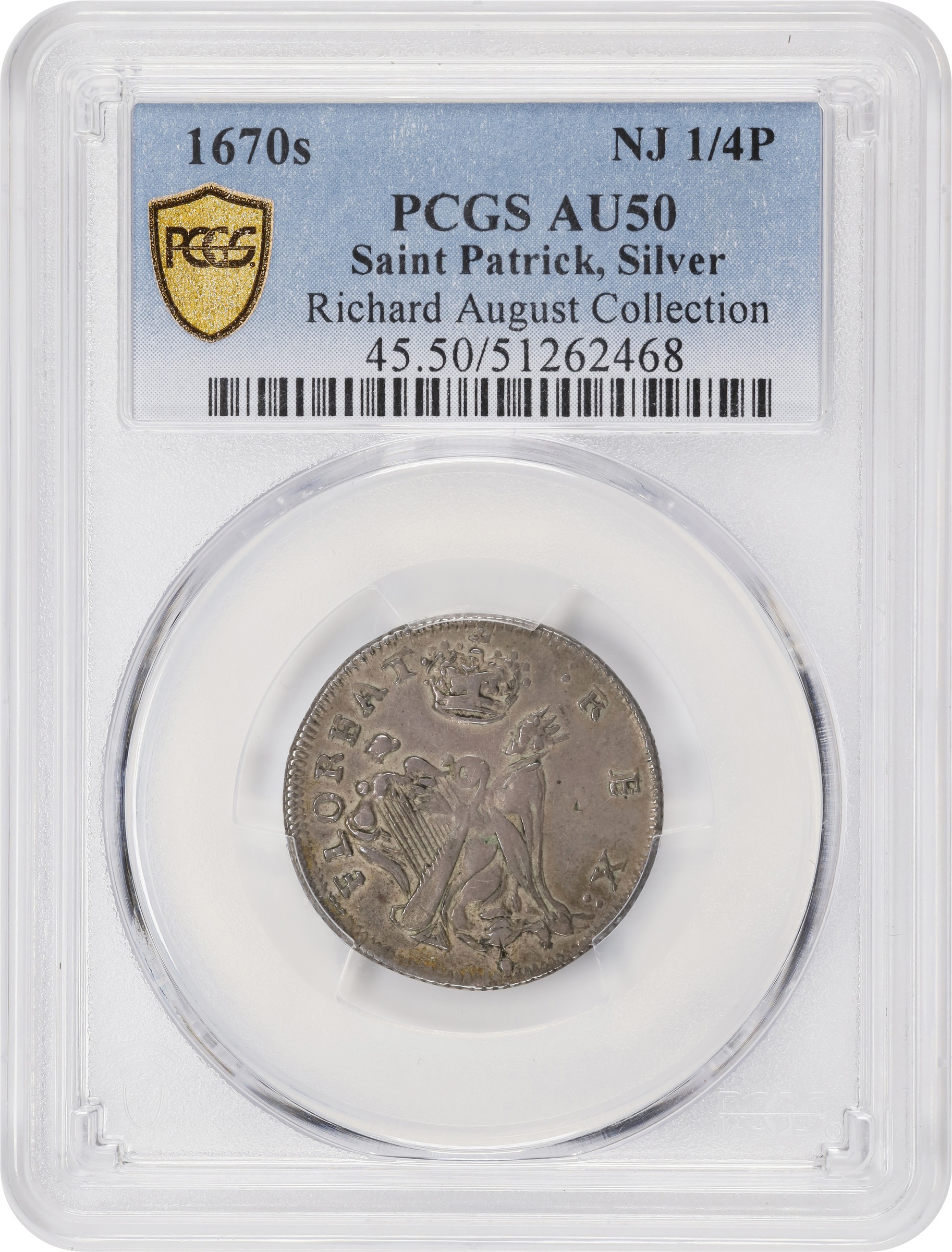 image for: Undated (ca. 1652-1674) St. Patrick Farthing. Martin 1c.32-Ca.21, W-11520. Rarity-8. Silver. Nothing Below King. AU-50 (PCGS).