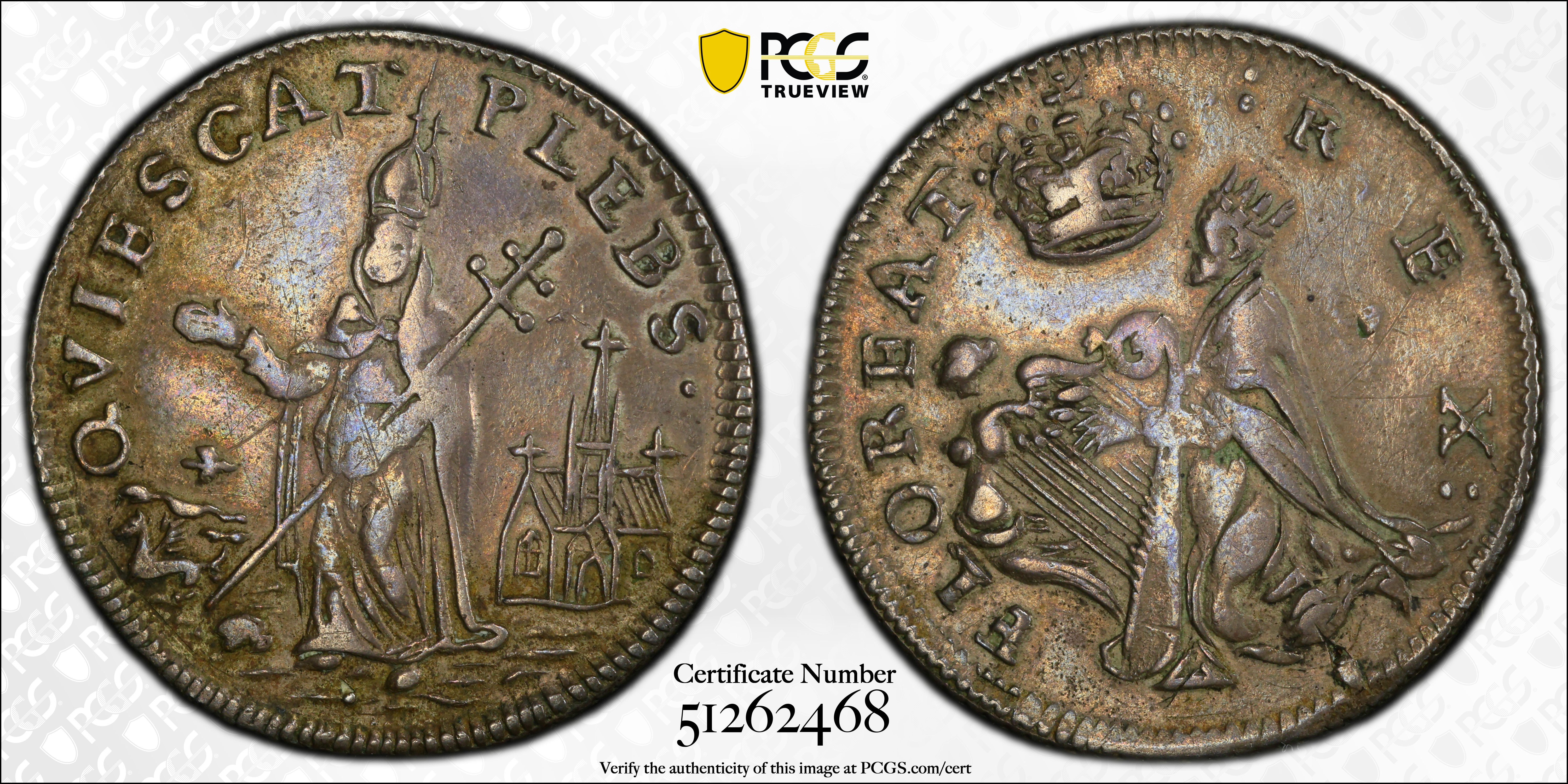 image for: Undated (ca. 1652-1674) St. Patrick Farthing. Martin 1c.32-Ca.21, W-11520. Rarity-8. Silver. Nothing Below King. AU-50 (PCGS).