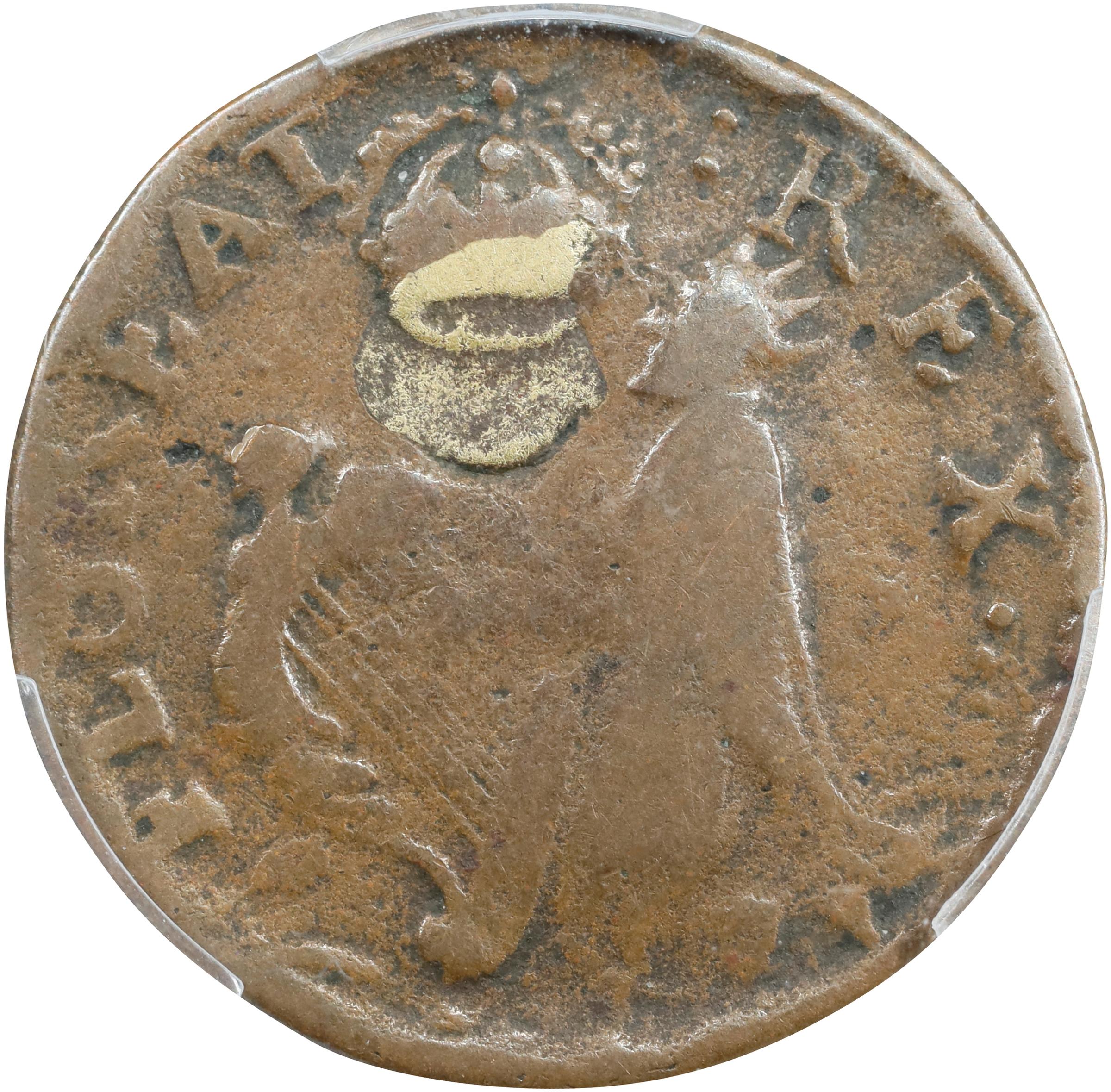 image for: Undated (ca. 1652-1674) St. Patrick Farthing. Martin 4g.1-Gh.1, W-11500. Rarity-6. Copper. Sea Beasts Below King, Stars in Legend. Fine-15 (PCGS).