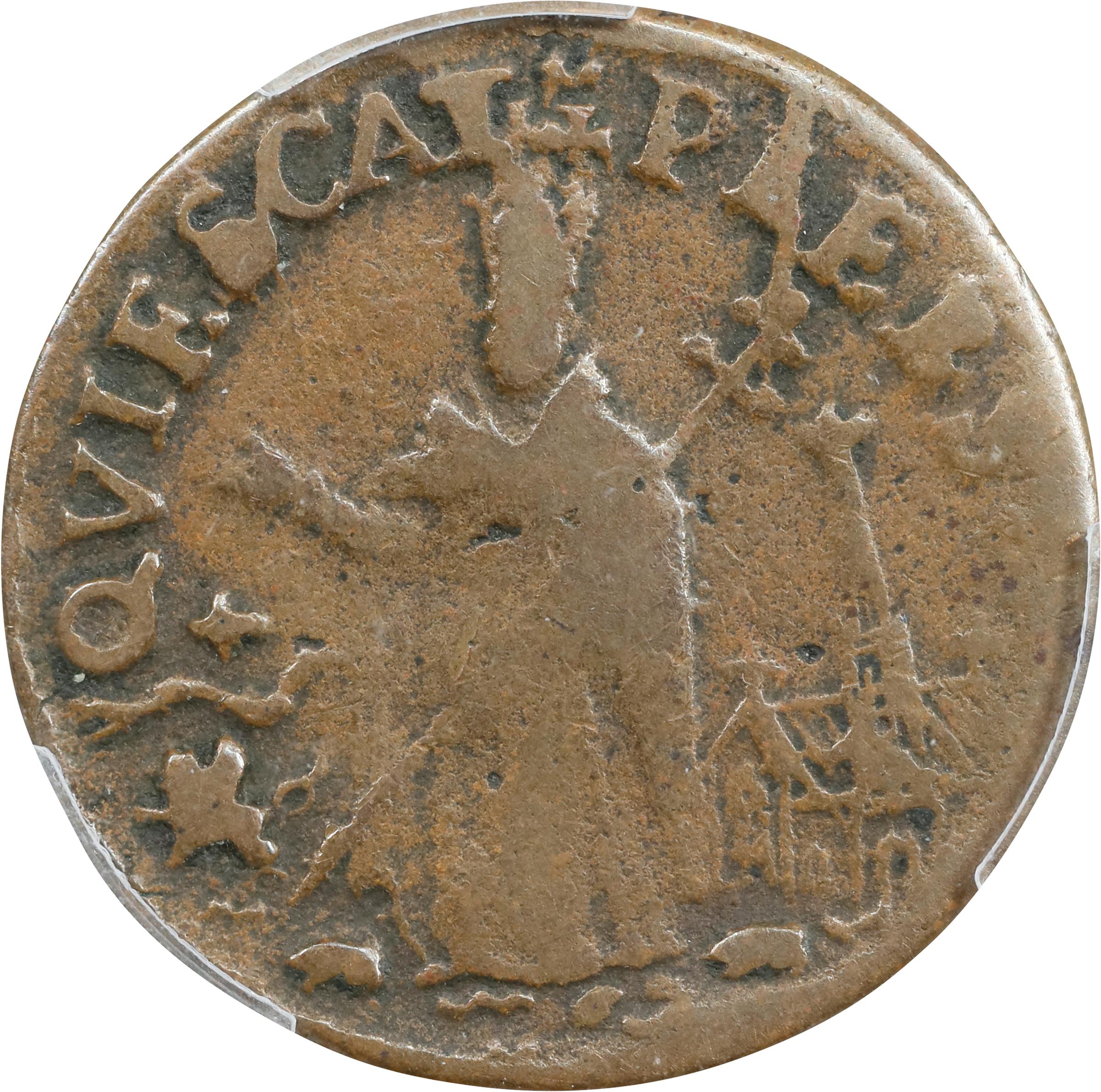 image for: Undated (ca. 1652-1674) St. Patrick Farthing. Martin 4g.1-Gh.1, W-11500. Rarity-6. Copper. Sea Beasts Below King, Stars in Legend. Fine-15 (PCGS).