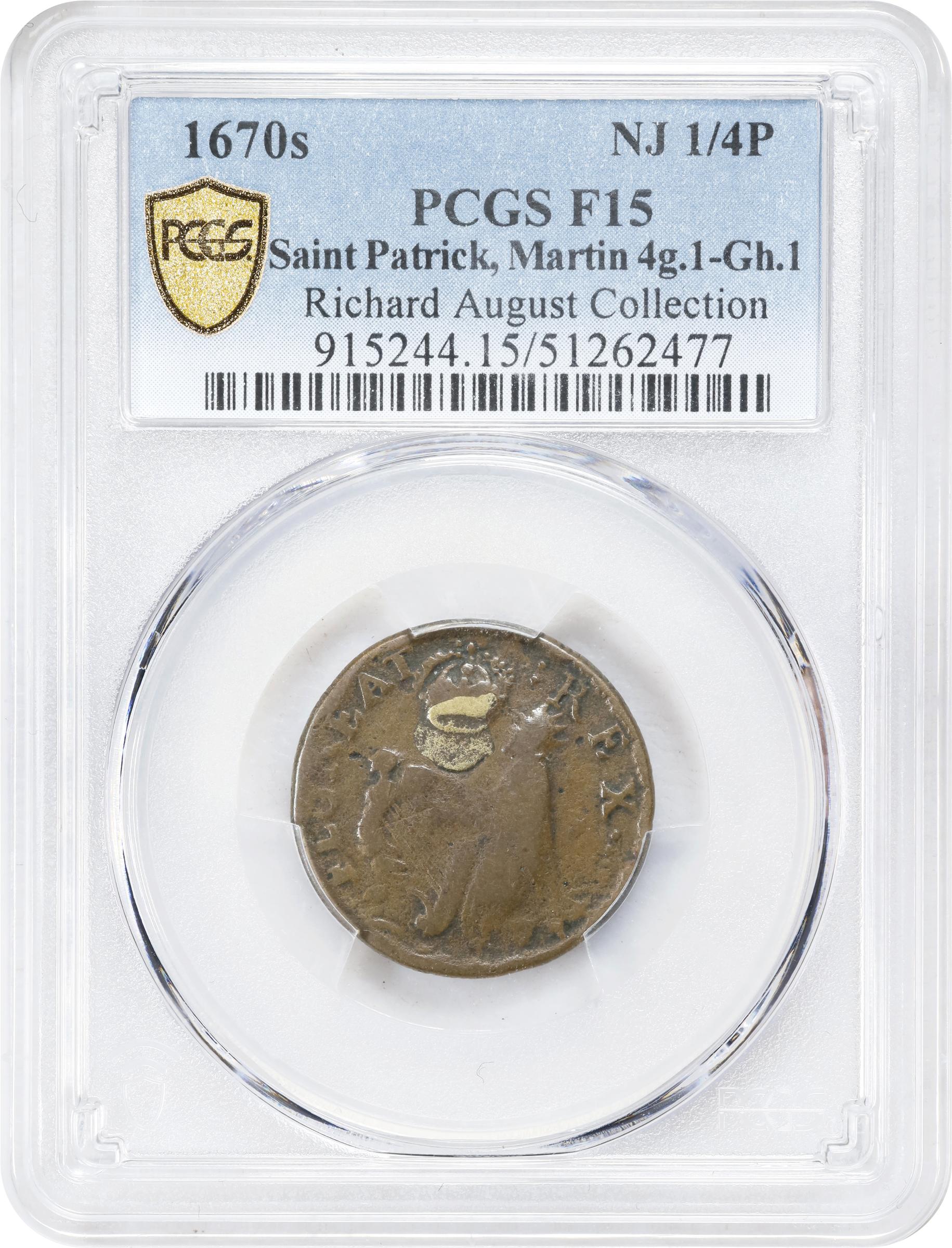 image for: Undated (ca. 1652-1674) St. Patrick Farthing. Martin 4g.1-Gh.1, W-11500. Rarity-6. Copper. Sea Beasts Below King, Stars in Legend. Fine-15 (PCGS).