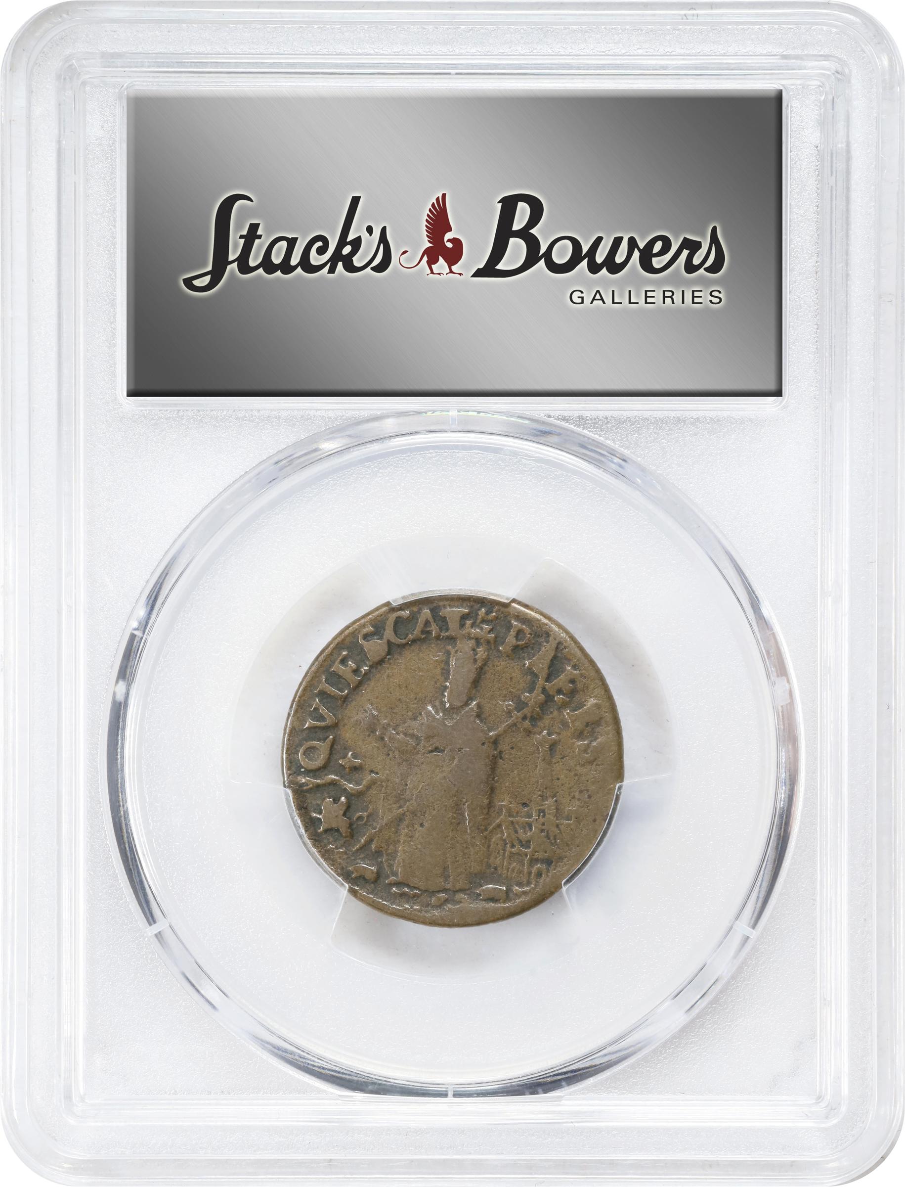 image for: Undated (ca. 1652-1674) St. Patrick Farthing. Martin 4g.1-Gh.1, W-11500. Rarity-6. Copper. Sea Beasts Below King, Stars in Legend. Fine-15 (PCGS).