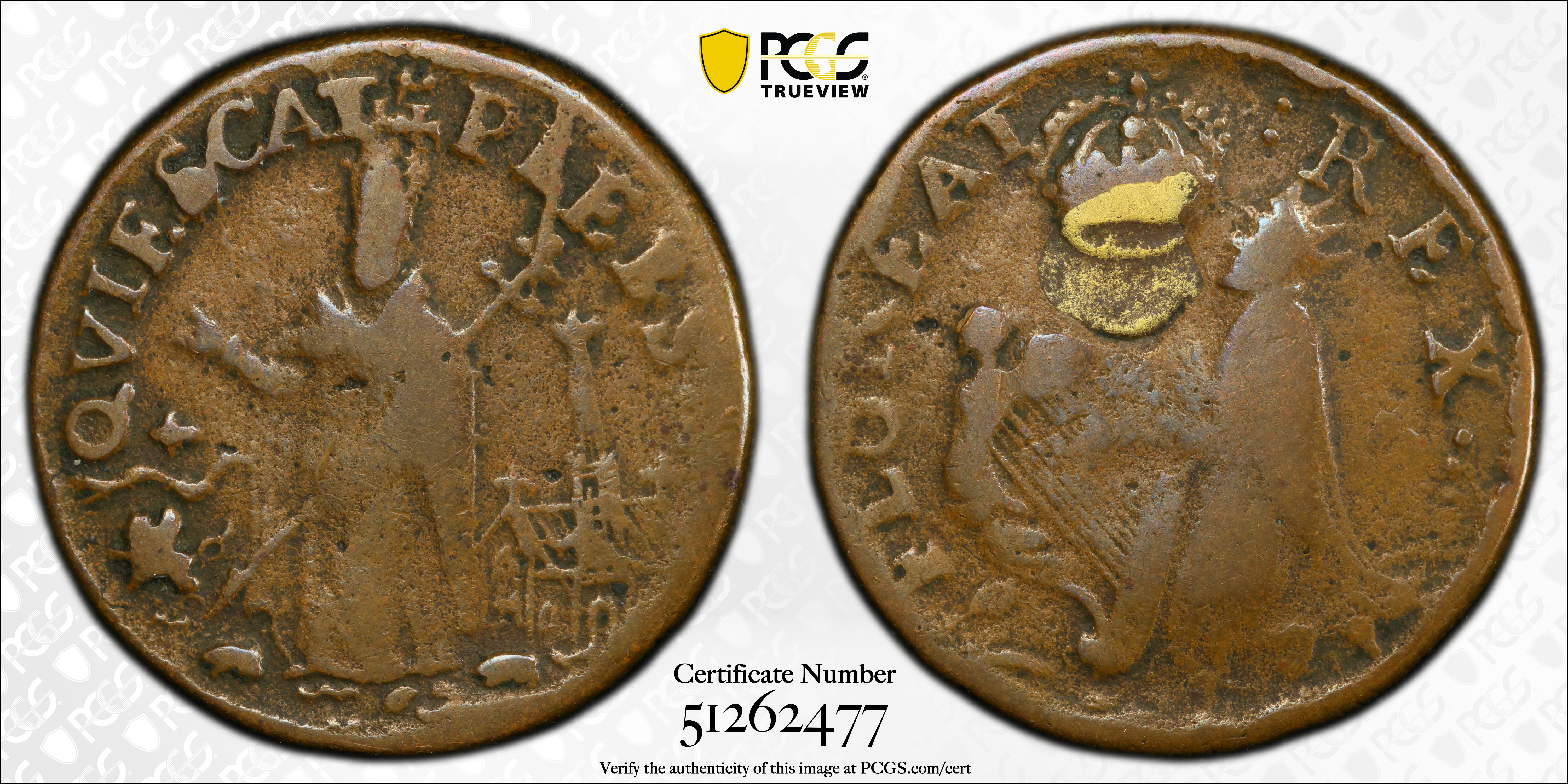 image for: Undated (ca. 1652-1674) St. Patrick Farthing. Martin 4g.1-Gh.1, W-11500. Rarity-6. Copper. Sea Beasts Below King, Stars in Legend. Fine-15 (PCGS).