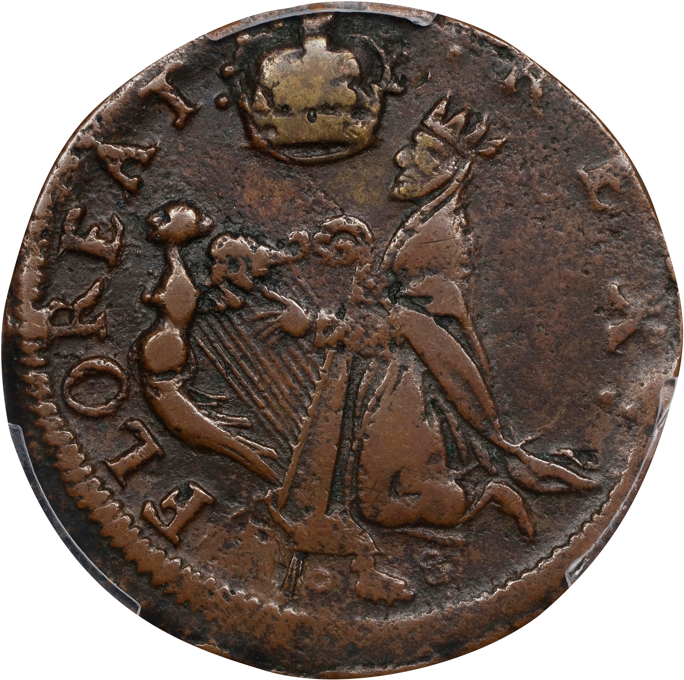 image for: Undated (ca. 1652-1674) St. Patrick Farthing. Martin 6b.1-Ba.8, W-11500. Rarity-6. Copper. Annulet, Small 8, and Martlet Below King. EF-40 (PCGS).