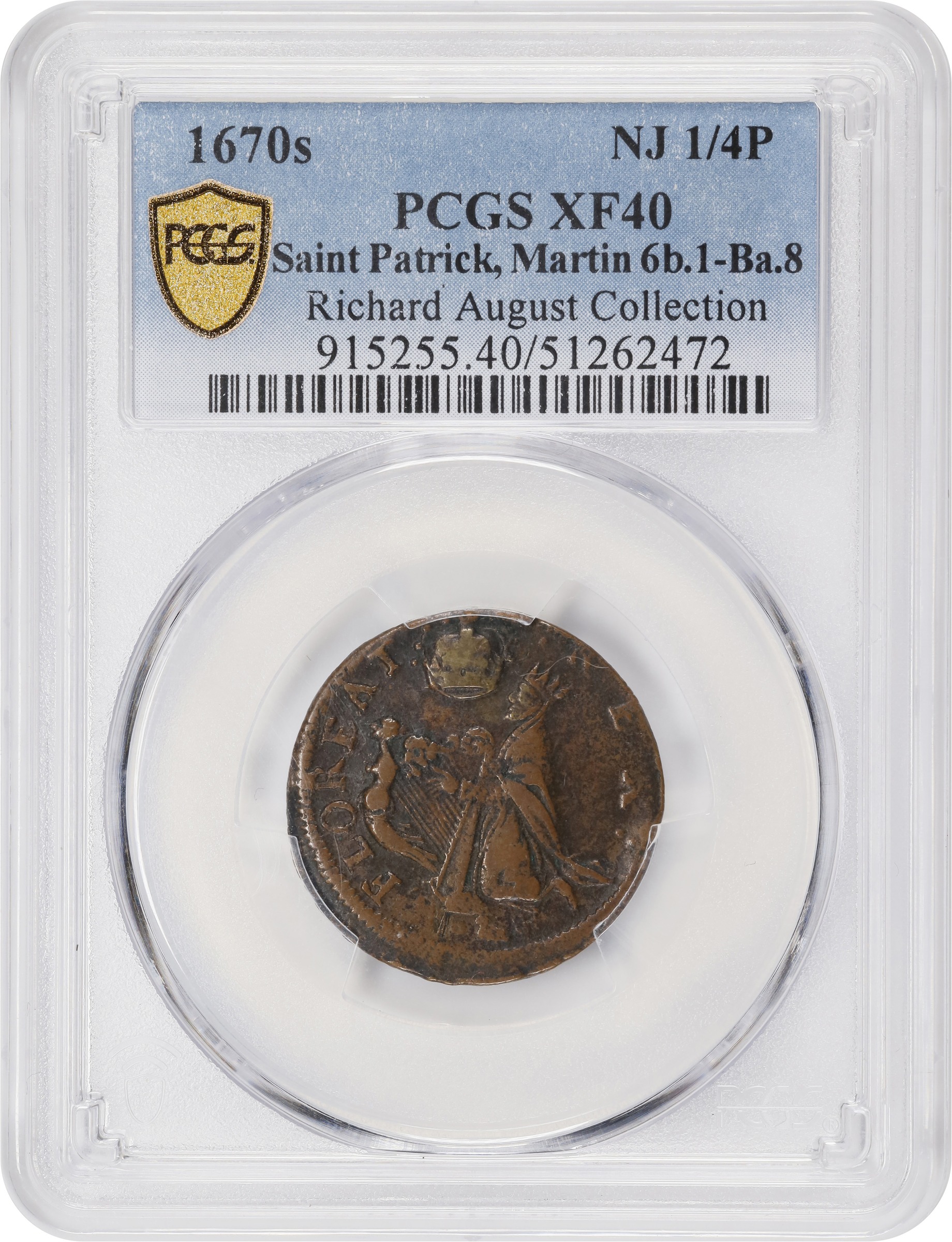 image for: Undated (ca. 1652-1674) St. Patrick Farthing. Martin 6b.1-Ba.8, W-11500. Rarity-6. Copper. Annulet, Small 8, and Martlet Below King. EF-40 (PCGS).