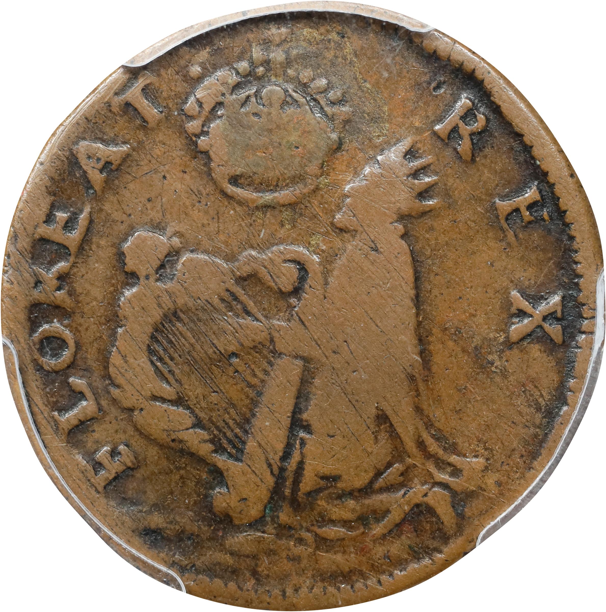 image for: Undated (ca. 1652-1674) St. Patrick Farthing. Martin 7a.1-Cb.1, W-11500. Rarity-6. Copper. Large 8 Below King. Fine-15 (PCGS).