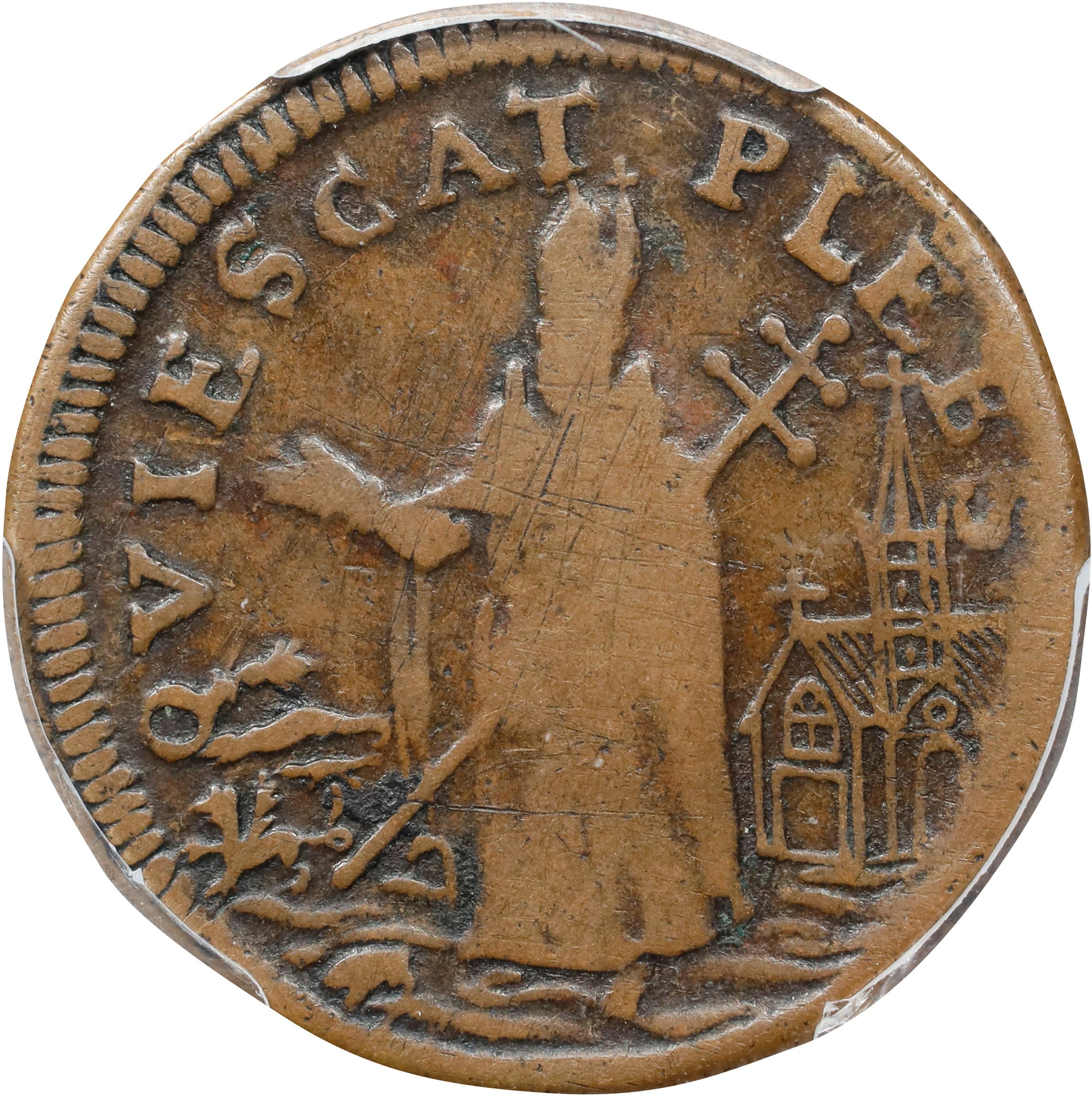 image for: Undated (ca. 1652-1674) St. Patrick Farthing. Martin 7a.1-Cb.1, W-11500. Rarity-6. Copper. Large 8 Below King. Fine-15 (PCGS).